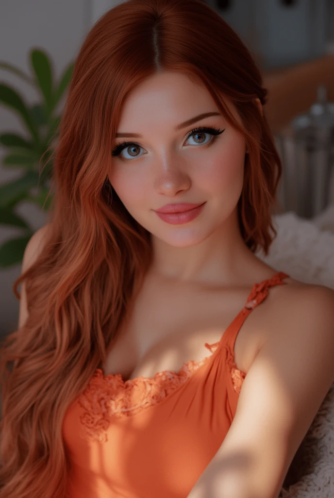 Beautiful orange-haired woman, sitting in the chair in the bedroom, detailed image, masterpiece, hyporealistic, blue eyes