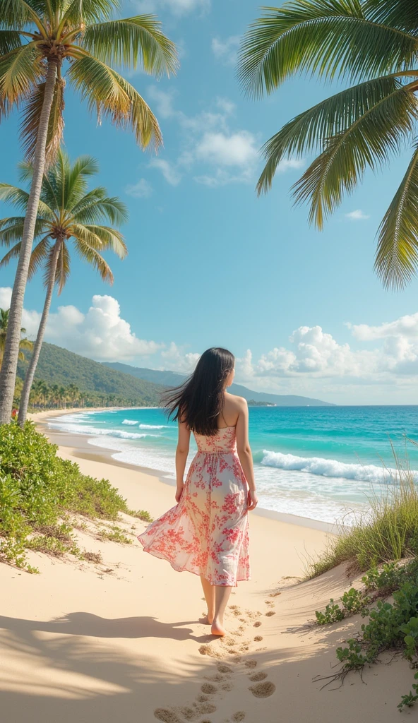 Aerial view of Woman with long dark brown hair, ((stands with her back to the Camera), ((giving back pose without face)), fullbody, white color loose summer dress, thin and athletic body, Woman can be seen from behind without Face, Camera very far way, Woman walking in Sand at the beach Maldives, Kuramathi Island, in background turquoise water, palm trees, white sand, beautiful Sky, natural shade, Verism, ray tracing, panorama, (shot from drone, 4k drone photography, Woman walking), ultra hd, retina, masterpiece, ((best quality)), ((masterpiece)), (very detailed: 1.3), shot from drone