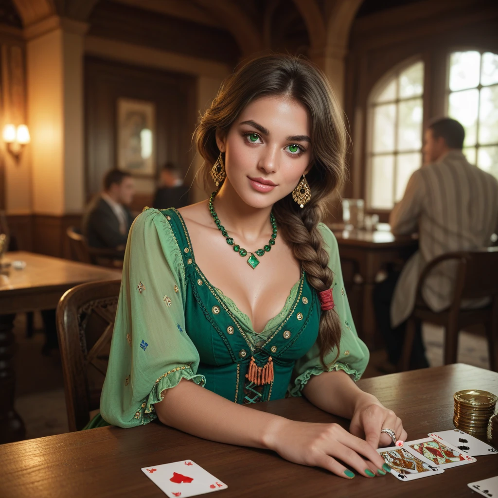 (((best quality))),(((ultra detailed))),(((masterpiece))),illustration,((1 beautiful girl,solo)),(shoulder-length straight bob:0.8),((earrings,necklace)),((slim,thin)),((small breasts,flat chest)),(sitting by the card table:1.3),(dark night scene:1.3), lamp, glow,fair skin,detailed eyes,(emerald green collared lace shirt:1.3), black curves fabric, string, white pearls, sophistication, cherry red lips, (card game:1.3), (Poker cards are on the table:1.3),concentration, intensity,graceful, purposeful, calm, serenity, solitary, enchanting, elegance, atmospheric,captivating, mysterious, ambiance, alluring, enigmatic,((from front,upper body))