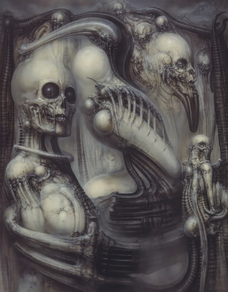 Giger_style, The image is a detailed view of H.R. Giger's \" chakhmate \" plate,
Create biomechanical tableau in h r giger's style. It is called “Schachmatt” (Checkmate) by H. R. Giger and was created in 1979.
The tableau depicts a nightmarish Thanksgiving dinner scene. A skeletal family sits around a table overflowing with grotesque food items. The skeletal figures are all different shapes and sizes, and they are posed in a way that suggests tension and unease. The table is made of bone, and the chairs are made of twisted metal. The food on the table includes rotting flesh, bones, and other disturbing items
The painting is a nightmarish biomechanical scene. In the center of the composition is a chessboard with several chess pieces scattered around it. The background is filled with industrial pipes and tubes. The overall feel is one of decay and desolation.
Giger’s signature artistic style, biomechanical surrealism, is on full display in this piece. Biomechanical surrealism combines human anatomy with machines. The skeletal figures in the painting are fused with mechanical parts, creating a disturbing and unsettling effect.
Here’s a more detailed description of the composition:
In the center foreground is a metallic chessboard with several metallic chess pieces scattered around it.
To the right of the chessboard is a skeletal figure hunched over tribune.
The art performance showcases the artist’s skills in observation and rendering. The level of detail in the piece suggests a close study of real bone specimens and anatomy. The artist has skillfully used shading techniques to create a convincing illusion of three-dimensionality on a flat surface.The wrinkles and cracks in the surface, and the cast shadows with accuracy, used shading techniques to create a realistic depiction of light and shadow on the objects. This creates a sense of depth and dimension in the image