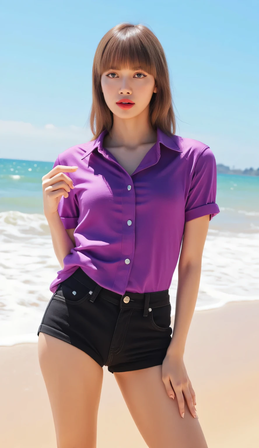a woman, playing on the beach , front facing, purple shirt , black short cotton pants, big boobs, red lips