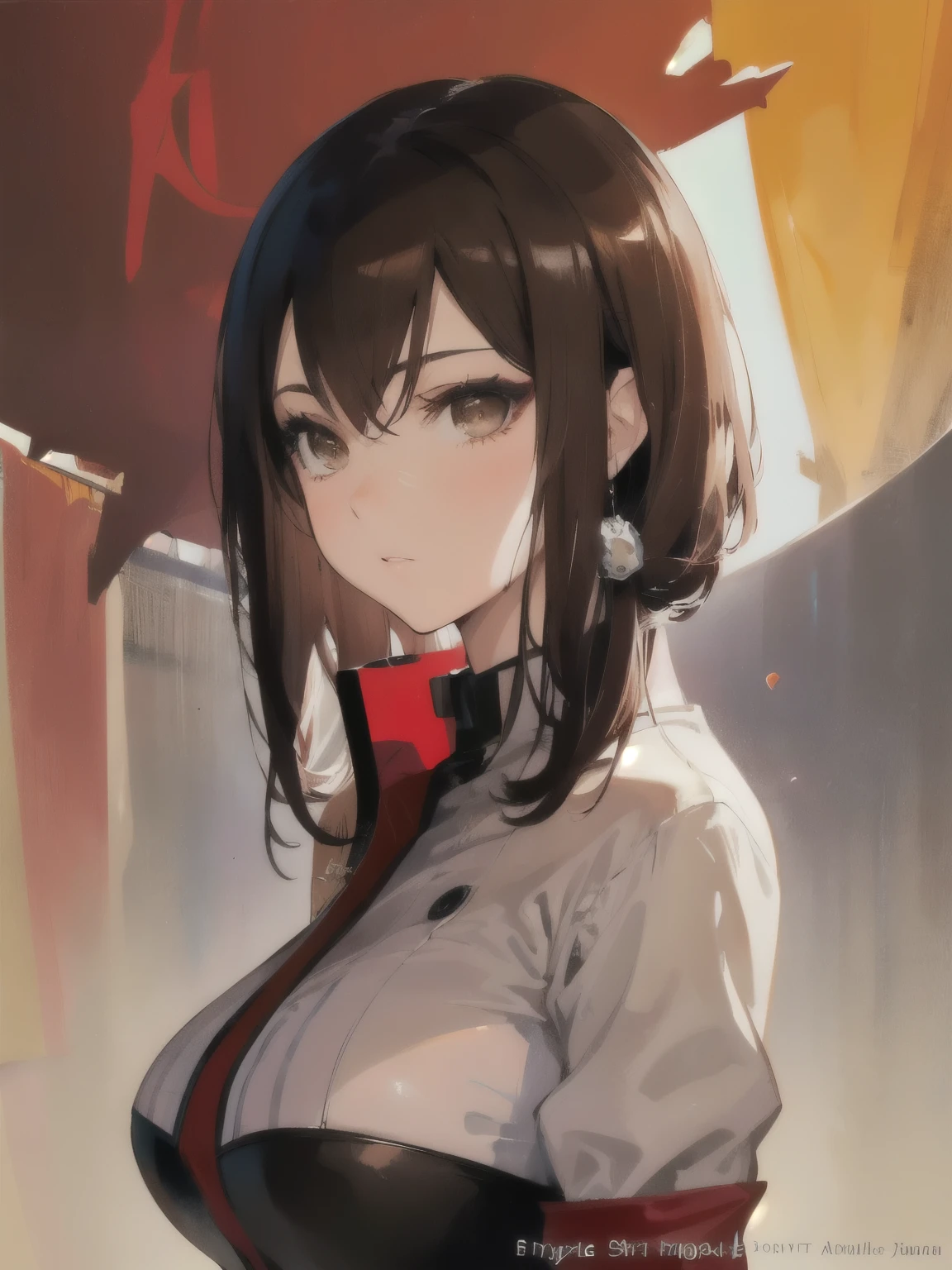 kurisu makise steins gate anime, atmospheric, elegant portrait, super highly detailed, professional digital painting, artstation, concept art, 8k, art by wlop, artgerm and alphonse mucha and eiichiro oda shinkai makoto vibrant Studio ghibli kyoto animation hideaki anno Sakimichan Stanley Artgerm Lau Rossdraws James Jean Marc Simonetti, Beautiful woman, light brown hair, light brown eyes, red turtleneck shirt, white pants, black belt, makeup, top-down view, 2d background, impeccable posture, master piece, super detail, attitude, 40 year old woman, strong expression, attitude,, bob, profile