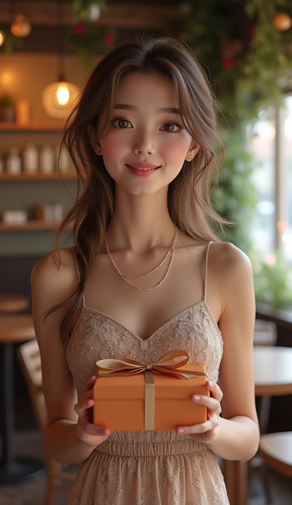 valentine chocolate gifts、realistic、1 girl、cleavage、light brown hair、smile