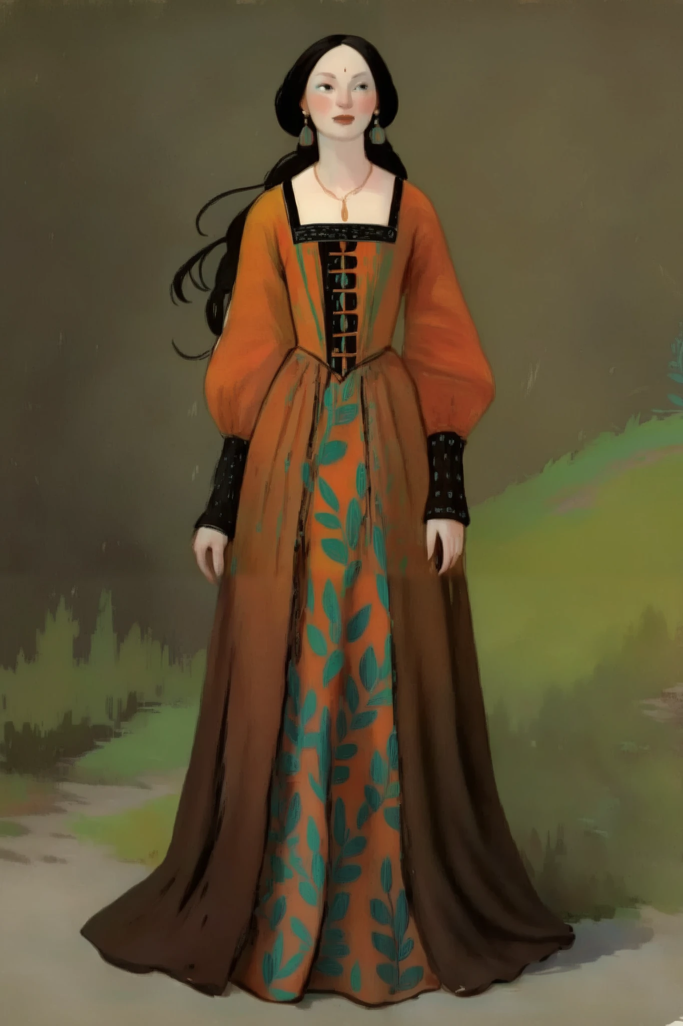 score_9, score_8_up, score_7_up, score_6_up, score_5_up, score_4_up, 1_woman, brow hair, long_hair, wearing a vibrant long peasant medieval dress, detailed clothing, sketches, detailed thick gouache painting, illustration, in gougoupaintleaves style:1.5,