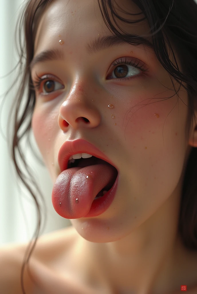 Taylor Hill、High resolution realistic photos,8K,Realistic skin texture,to be born々New People々々,1 Girl,Tabletop,,Awards - Winning Photos, Very detailed, Keep your eyes focused, Nose and mouth,Face Focus, Extreme close up of face、Woman with open mouth and closed eyes, Black camisole、20-year-old,Black-haired、Symmetrical face,Realistic nostrils、Angle from below、Elongated C-shaped nostrils,((Gray background))、Sweaty skin、汗でGlowing Skinを強調する照明、((Sharp Nose))Skin shiny with sweat、Shiny skin、Sweaty hair、sunlight、(Brow wrinkles)((Frowning))(Cum on tongue)、Deep Kiss、((Thin eyebrows))((Oily skin、Glowing Skin))、double eyelid、Wet and shiny tongue、Tied Hair、Updo、Lift your head(((long tongue, saliva trail)))