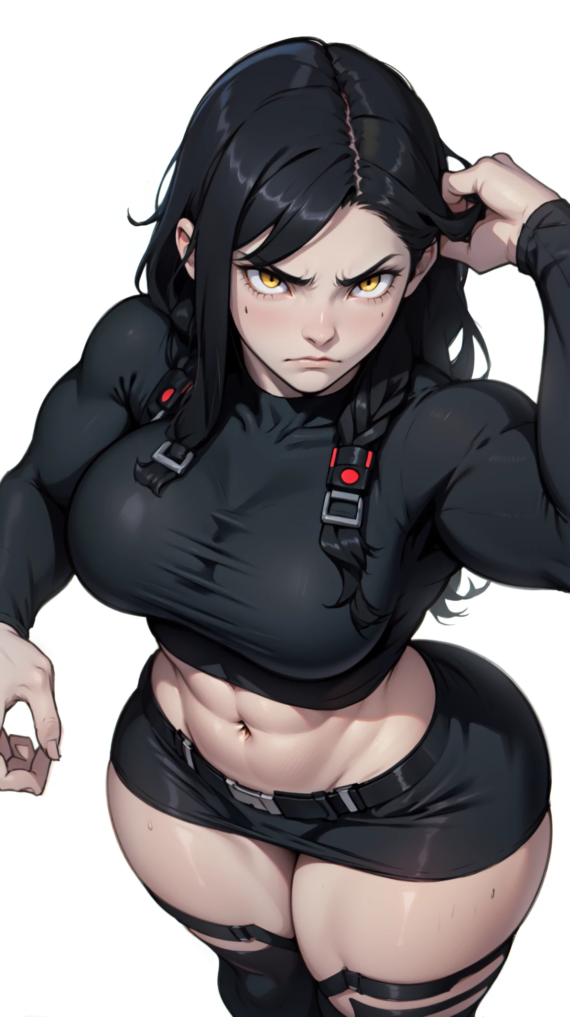 sad girl pale girl angry girl slender girl thick thick thick muscular huge muscles breasts wide hips tiny waist black hair yellow eyes 