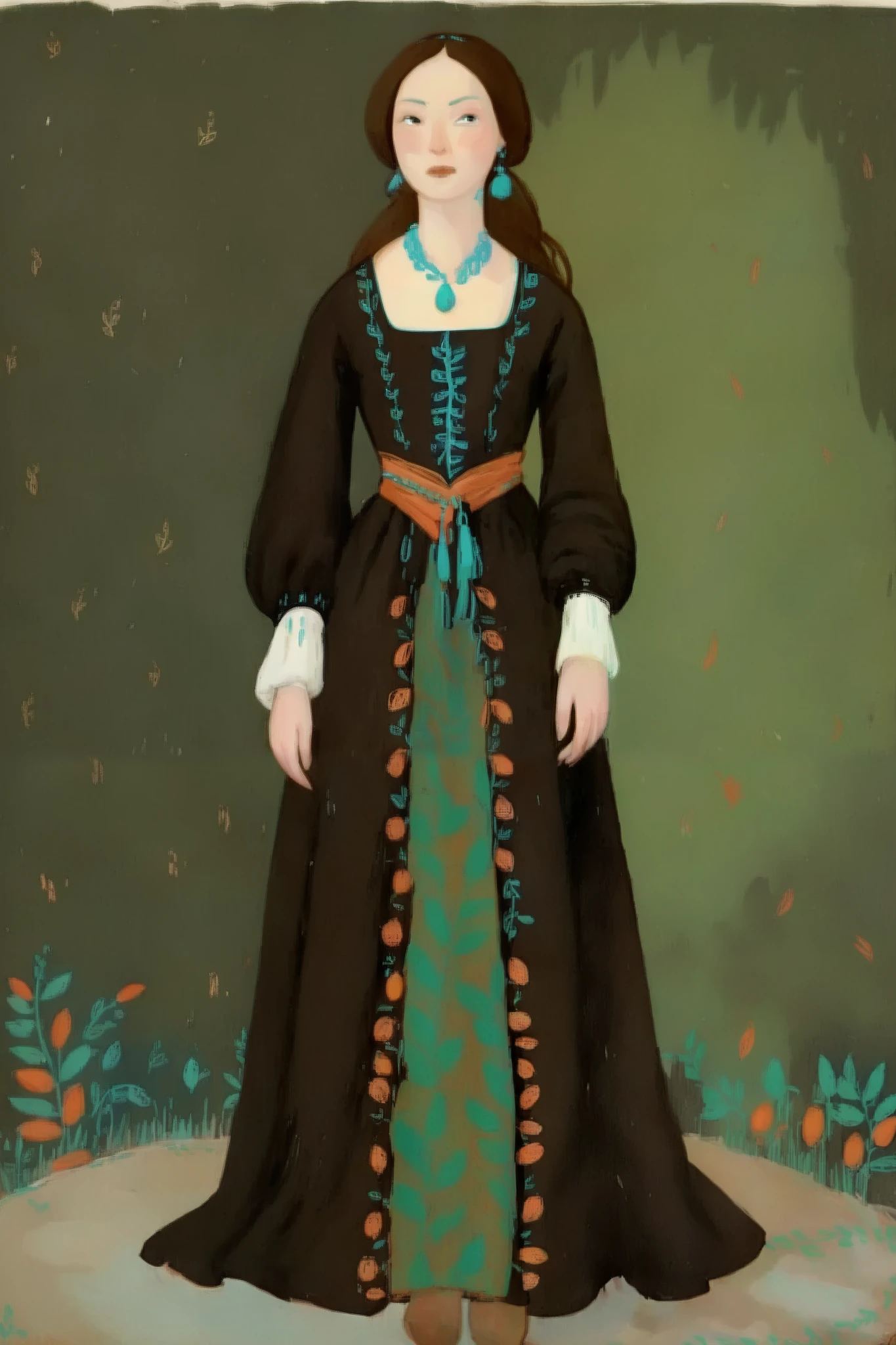 score_9, score_8_up, score_7_up, score_6_up, score_5_up, score_4_up, 1_woman, brow hair, long_hair, wearing a vibrant long peasant medieval dress, detailed clothing, sketches, detailed thick gouache painting, illustration, in gougoupaintleaves style:1.5,