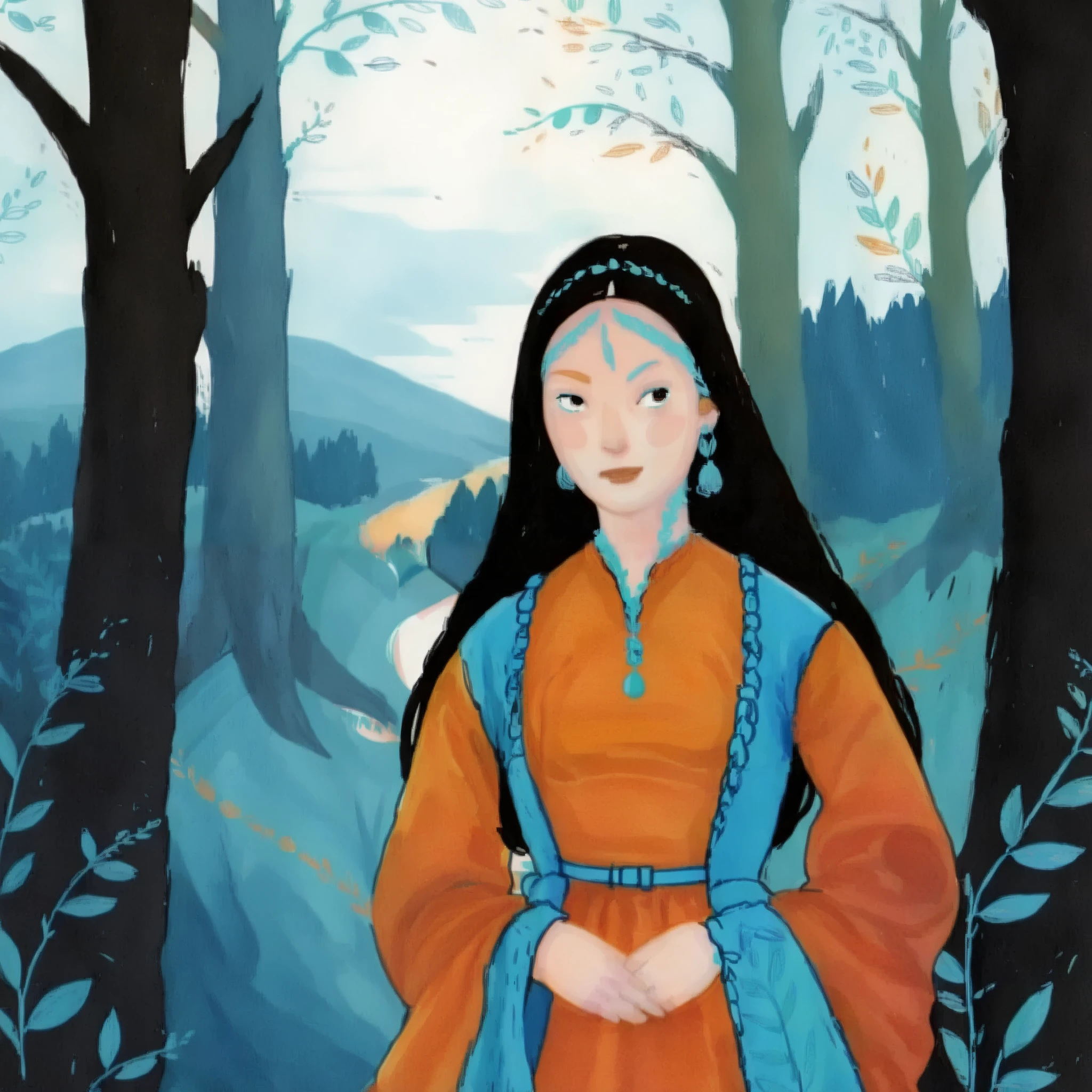 score_9, score_8_up, score_7_up, score_6_up, score_5_up, score_4_up, 1_woman, brow hair, long_hair, wearing a vibrant long peasant medieval dress, detailed clothing, sketches, detailed thick gouache painting, illustration, in gougoupaintleaves style:1.5, 