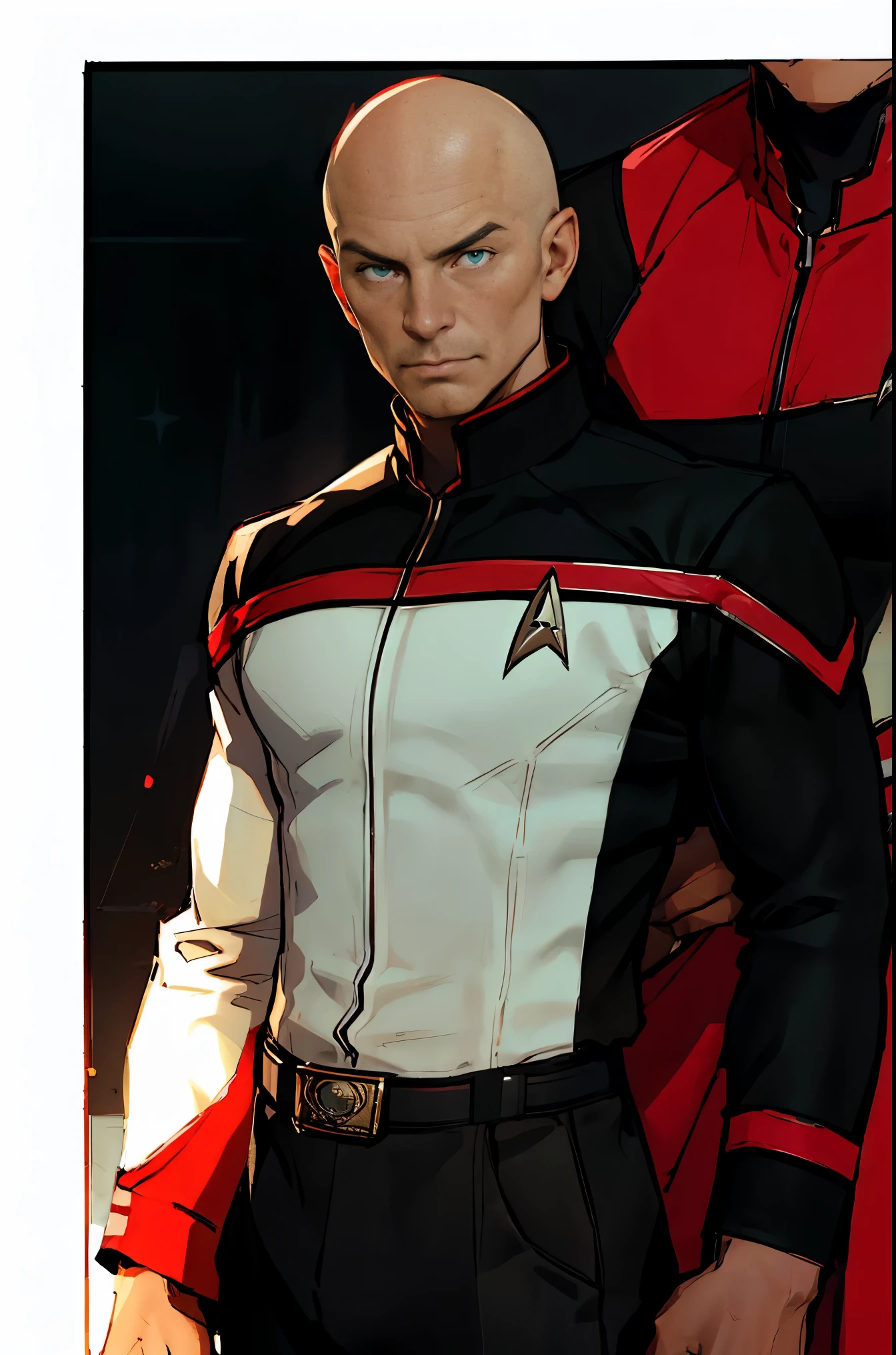 male, anime, semi-stylized, score_9, score_8_up, score_7_up, score_6_up, (Bob Peak) poster of young Patrick Stewart as captain picard in star trek red uniform (best quality, masterpiece) half body, jean-luc picard, star trek, bald, green eyes, black and red shirt, turtleneck, brown pants, upper body, spaceship background