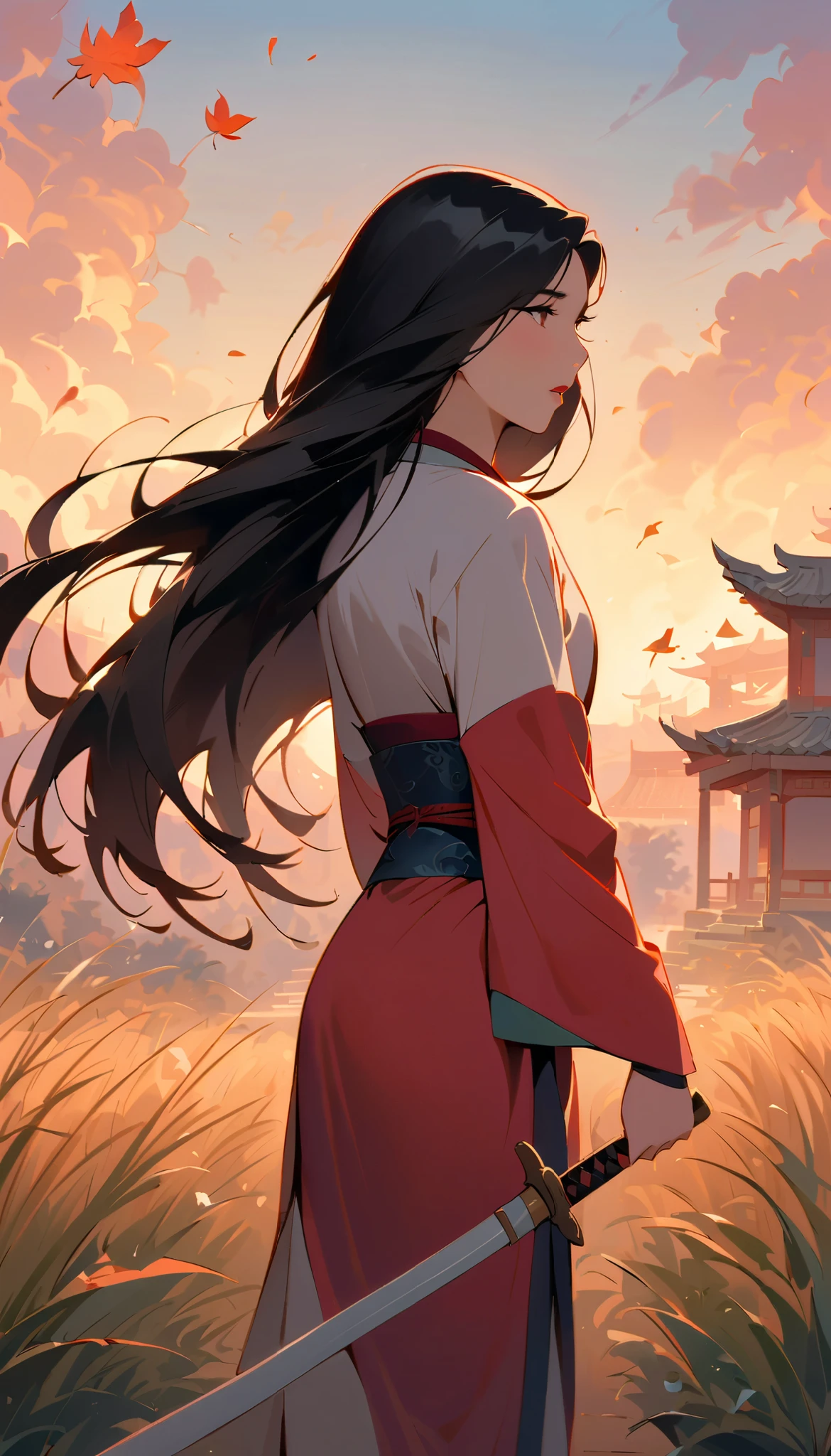 Hua Mulan,Show female bravery,shy,like a porcelain doll, fine features, delicate,Black and red color scheme,poster,iconic disney characters。shonen style, anime style, straight hair, big hair, ((long hair)) ,chinese young woman warrior, black hair, traditional japanese dress, wind blow, leaves flying, backlit, tall gray reed grass foreground blurry, bottom perspective, panoramic view, fantastic lighting, detailed,, blossom, ((shy)), holding a katana
