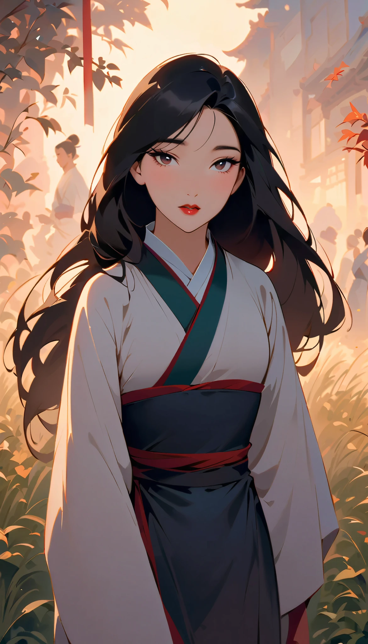 Hua Mulan,Show female bravery,shy,like a porcelain doll, fine features, delicate,Black and red color scheme,poster,iconic disney characters。shonen style, anime style, straight hair, big hair, ((long hair)) ,chinese young woman warrior, black hair, traditional japanese dress, wind blow, leaves flying, backlit, tall gray reed grass foreground blurry, bottom perspective, panoramic view, fantastic lighting, detailed,, blossom