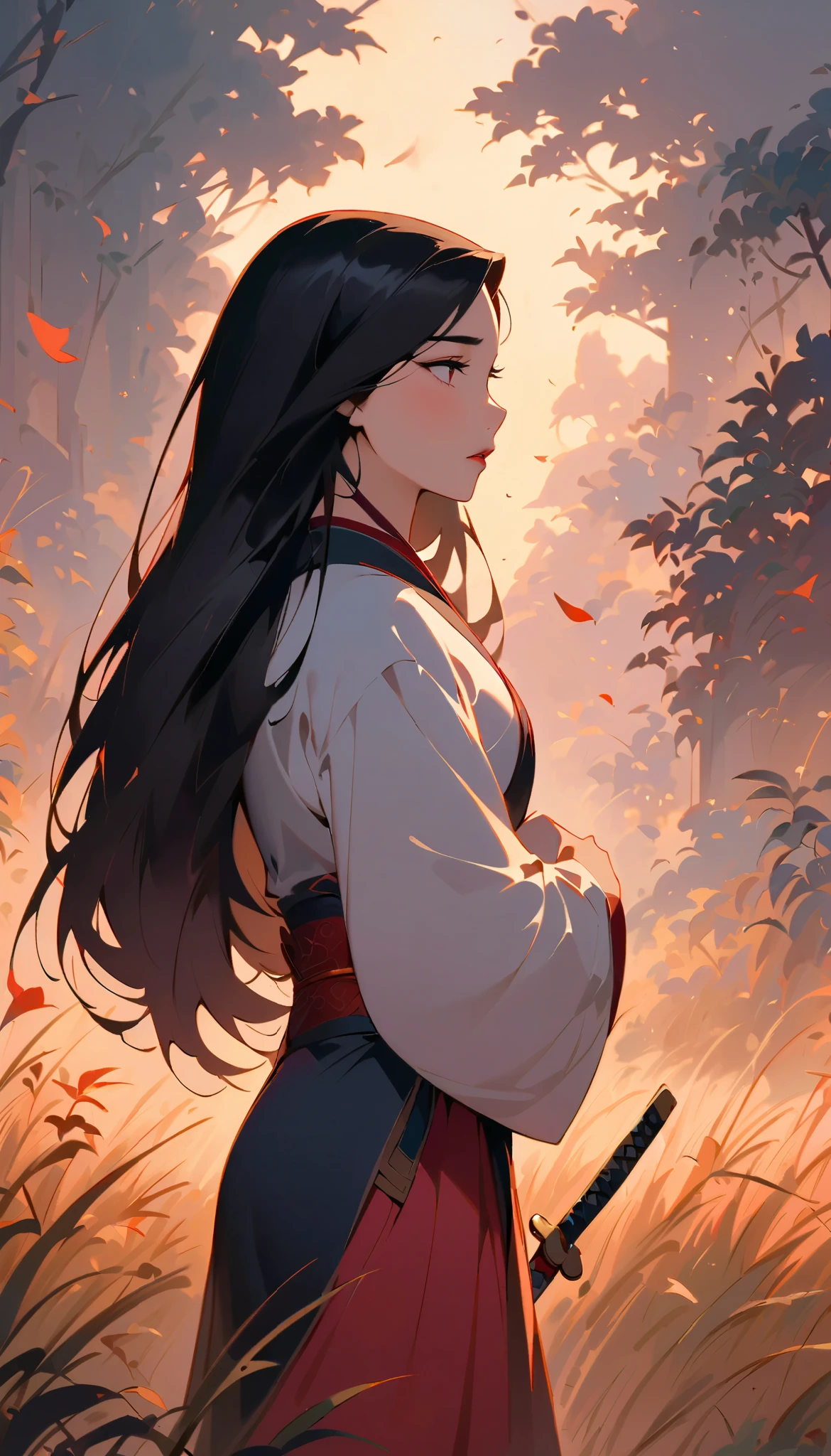 Hua Mulan，Show female bravery，shy，like a porcelain doll, fine features, delicate，Black and red color scheme，poster，iconic disney characters。shonen style, anime style, straight hair, big hair, ((long hair)) ,chinese young woman warrior, black hair, traditional japanese dress, wind blow, leaves flying, backlit, tall gray reed grass foreground blurry, bottom perspective, panoramic view, fantastic lighting, detailed,, blossom, ((shy)), holding a katana
