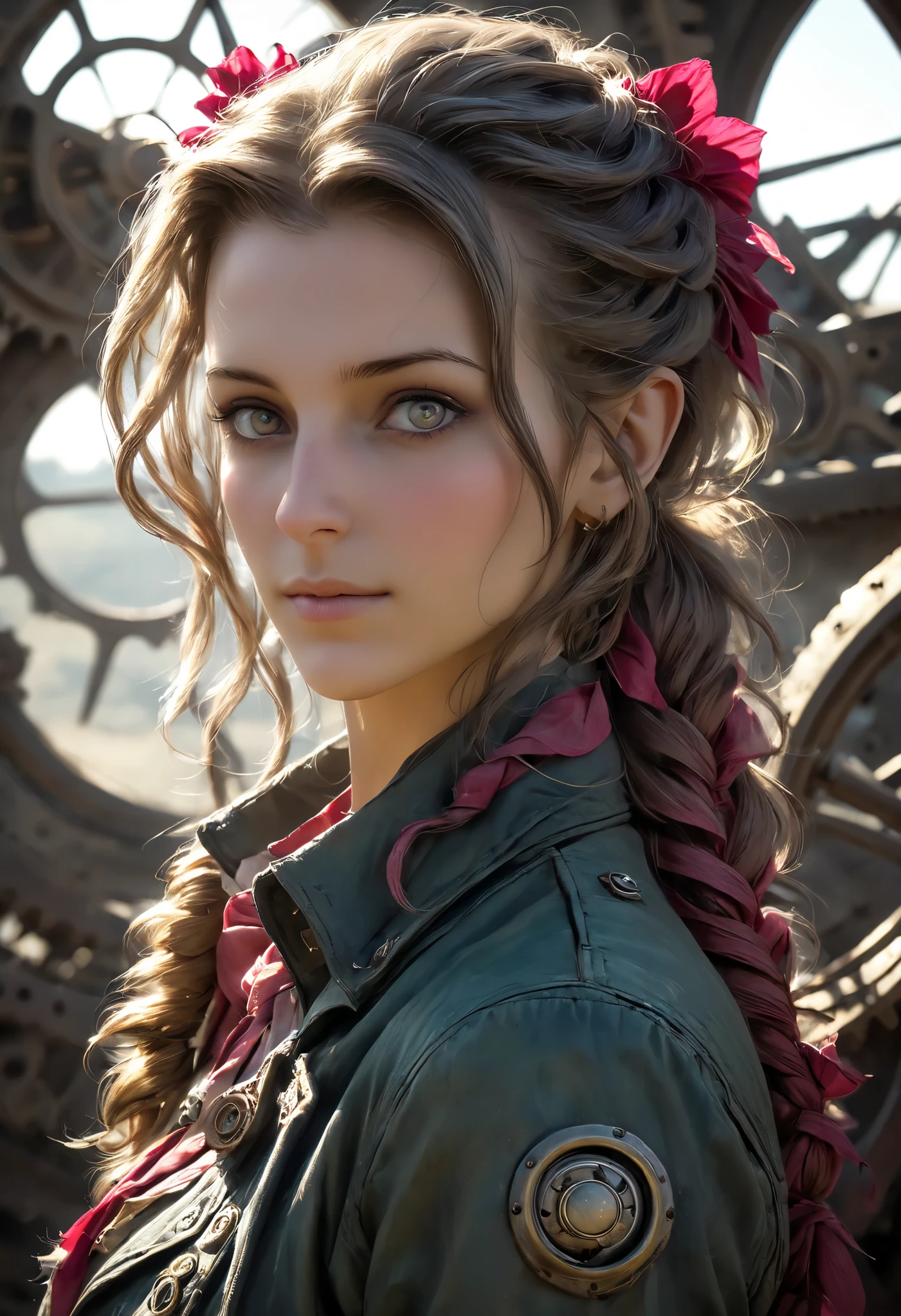 (((high resolution))), (((extremely detailed))), ((masterpiece)), dramatic shadows, depth of field, cellshaded anime style, (world in which are collide steampunk and postapocalyptic aesthetic), cute female in tattered dirty clothes, ((looks like Aerith Gainsborough)), (more rusty steampunk details: gears, valves, tubes), depth of field, full body shot, unzoomed, (perfect body: 1.4), (sidecut short hairstyle), (stalking is quite common, although not the best way to make a living), looks interested, stylized atmosphere of unreality, dynamic pose, in motion, Armageddon, increase cinematic lighting, highly lifelike skin texture, weary eyes, fine eyes, whitened but dirty skin, random hair colour, doomsday aura, dark atmosphere