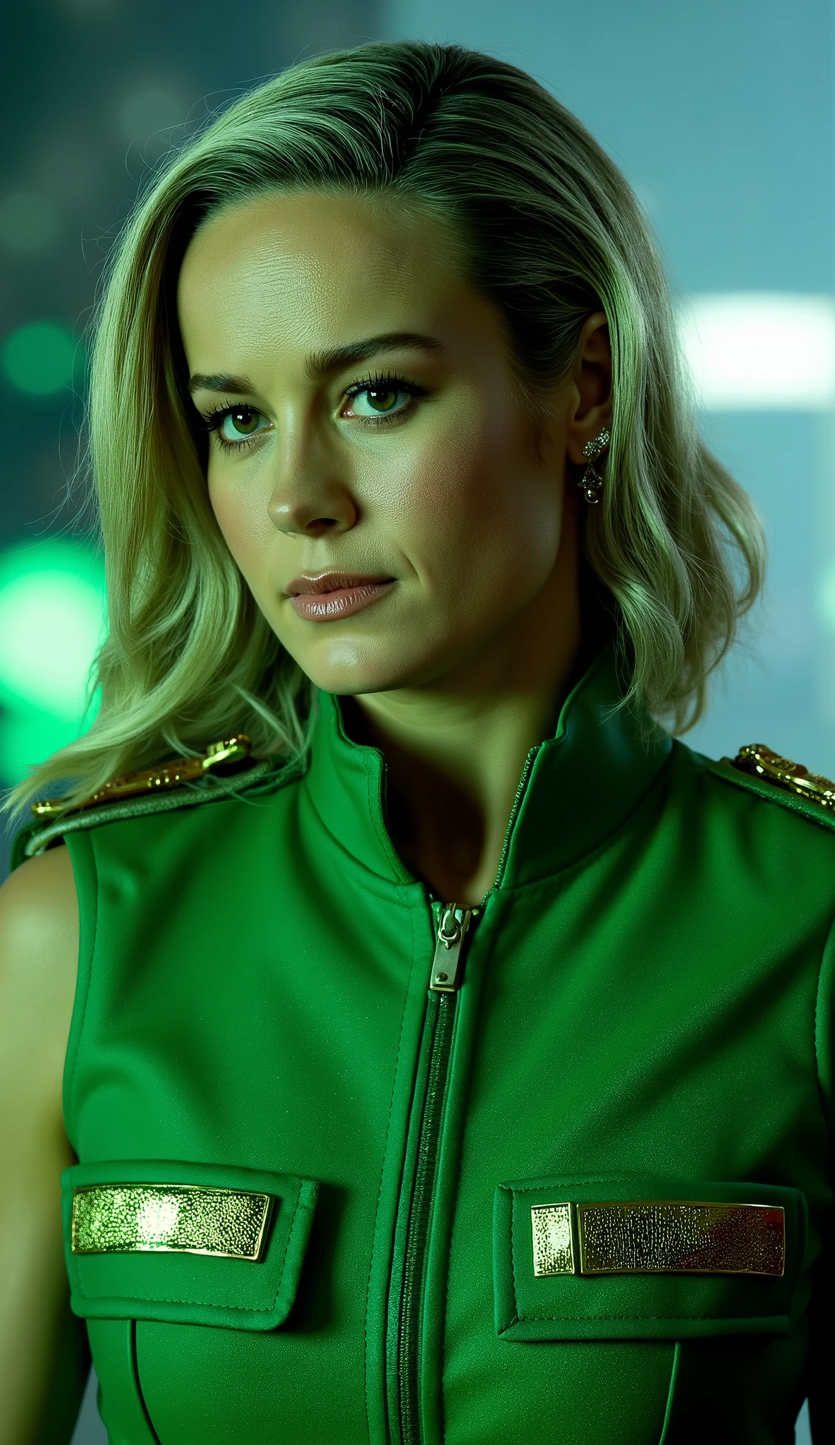 Here is a detailed prompt to generate an image **super realistic** by Scarlett Johansson as **Sonya Blade**, focused on **upper body**, in a bright green military outfit and striking details, and a striking background: --- **"Close-up hiper-realista by Scarlett Johansson as Sonya Blade, the experienced combat lieutenant of * mortal kombat*. She is in a confident and powerful pose, with a determined and focused expression , transmitting strength and combat readiness. She wears a bright green military suit, with reflective metallic details and badges that highlight her status as an experienced soldier. The lighting is dramatic , with shades of green and silver, creating strong contrasts between light and shadow. The background is a realistic setting of a high-tech military base, with neon lights, holographic screens and soft smoke, adding an intense and enveloping atmosphere."** --- **Extra details for realism:** - **clothing:** Bright green military fabric, with metallic reflections and hyper-realistic textures. - ** Expression:** looking determined and focused , conveying the essence of an experienced and ruthless soldier. - **Bottom:** Hyper-detailed textures on the military base's equipment and neon lights. This prompt combines iconic Sonya Blade elements with Scarlett Johansson's unique look, ensuring a cinematic and immersive result! 🔥