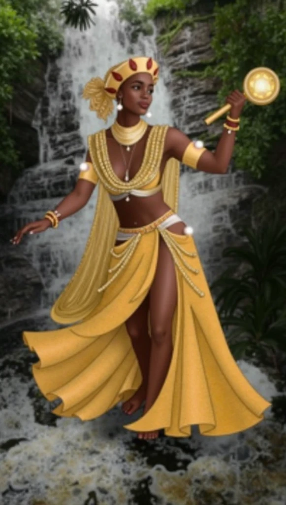 Orisha oxum, Deusa africana, African accessories, with slot belt with conch shells, cinto dourado, colares Zulu, Nigeria, cachoeira, lilies, Afrofuturismo, misticismo, African culture, tribal makeup, Orisha oxum, with necklace around African style, with bare breasts adorned with golden bracelets;, saia longa dourada, belt with gold coins and whelks, braided hair and mirror in hand in a waterfall with white lilies on feet,