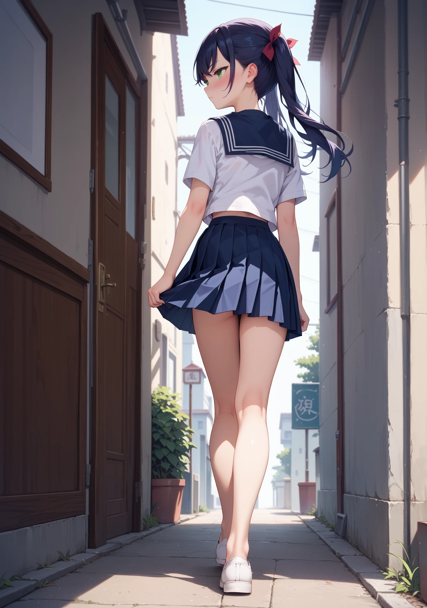 (((masterpiece, Highest quality, High resolution, 超High resolution, Perfect Pixel, Depth of written boundary, 4K, RTTX 10.0))), Beautiful Anime Women, Beautiful art style, Anime characters, ((Smooth texture, Realistic texture, Anime CG Style)), Exact finger count、Exact number of legs、(Exact number of arms:1.0, Exact number of hands:1.0), (Perfect hands, Perfect Anatomy.1.5), Cinematic, Realistic, Extremely detailed CG, Daytime lighting, Perfect lighting, Best Shadow, The best natural light, Perfectly balanced style, Perfect body, ((A woman is walking, Back view, The skirt is flipped by the wind:1.3), (Sailor suit, Navy pleated super mini skirt, Black knee socks:1.3), (Sexy and cute light blue panties, Shiny satin side-tie light blue panties, Light blue panties with lace trim around the edges:1.3), (From directly below), (In town, City stairs, blue sky)