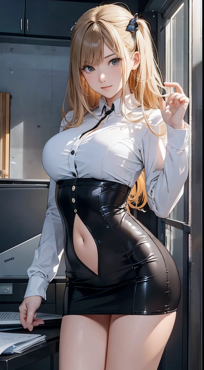 Woman (18 years old) standing in an office, wearing a white blouse (wide open, see-through) and a black lace bra with red decoration, plaid (red and black) mini pleated skirt (she holds it up), panty shot, black suspenders and suspender stocking with red decoration, blonde pigtail braid