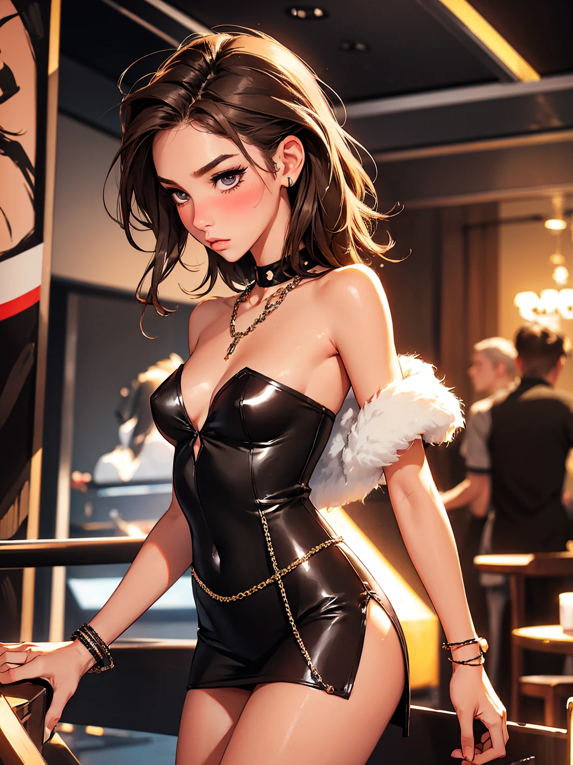 (highest quality, 8k, 4k, High resolution, masterpiece:1.2), Super detailed, anime style:0.9, photorealistic, Bright colors, Depth of the bounds written, blurred background, cowboy_shot, alone, 1 female, (black hair, long hair, asymmetrical bangs, purple eyes), beautiful face details, beautiful eyes, long eyelashes, soft lips, (small face), (embarrassed), squat down, Rear view, Pose with movement, ((playboy bunny, Fishnet tights:1.2, rabbit ears, High leg, High leg leotard, 黒leotard, leotard)), bar, night club, night,