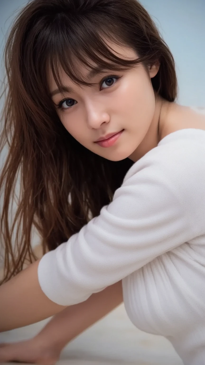 8k, masterpiece, original photo, best quality, Reality, Extremely detailed CG Unity 8K wallpaper, Depth of Field, Movie Lighting, lens flare, Ray Tracing, (Extremely beautiful face, Beautiful lips, beautiful eyes), Intricately detailed face, ((Ultra-delicate skin), Beautiful 1 girl best quality photos, Ultra-high resolution, (Realistically:1.4),Cute hairpin,1 girl,Red long hair,Cropped sweater ,Beautiful slim woman:1.4, on the island,Super thin face,Exquisite eyes,double eyelids,Necklace
