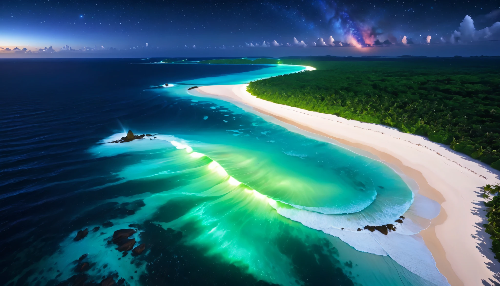 超high image quality during sick leave, high image quality during sick leave, high quality ,Spectacular views at night,Tropical Beach, light green to bright green ,The ocean breeze is blowing,blue fluorescent beaches expand spectacular ocean views, blue light on waves , very mysterious and beautiful ,Glowing Waves , night light appears on waves , emits ,Biofluorescence,Various microorganisms are the light source, that shines steadily , shows all kinds of light ,Light green to bright blue-green、 fiery red , Ndulu Island also has 、There are also dark purple and orange single-light beaches, Maldives,The shining Milky Way Galaxy is clearly visible in the sky,