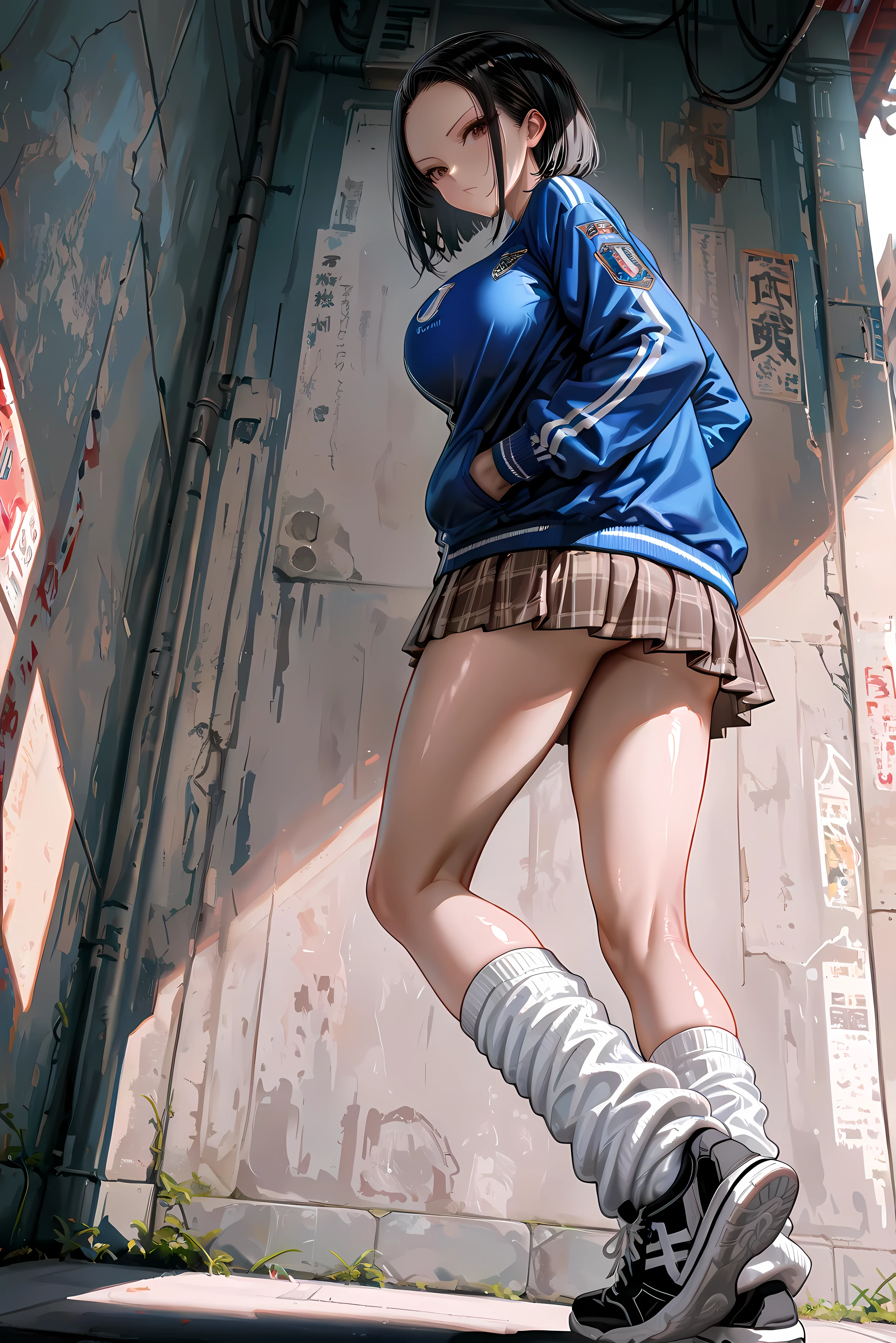 master piece ,best quality ,score_9, score_8_up, score_7_up, absurdres, newest, very aesthetic, amazing quality,highres,sensitive ,1girl ,solo ,shiny skin ,large Breasts ,slender ,black hair ,bob hair ,forehead , One-length hair ,brown eyes ,parted lips ,jersey,navy jersey ,(Put your hands in your pockets) ,(brown skirt ,plaid skirt) , (loose socks:1.3), Sneakers ,black sneakers ,sakimistyle ,break  walking , The sole of the shoe ,sneakers focus ,view from below ,epic ,ember , Back of the alley, wall ,viewers