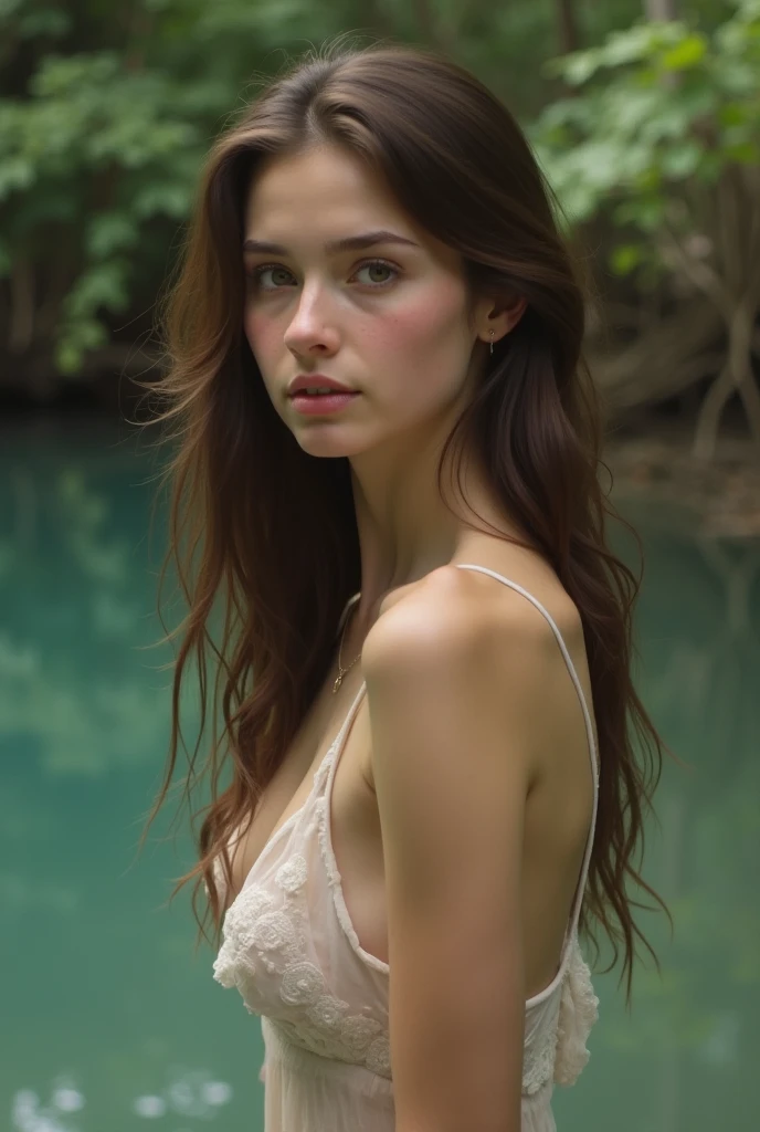 1 person, cute woman with long wavy hair, emerged in a jungle lake, front view from chest up, fully emerged in the water, white bikini, Dutch girl, age 21, pretty face, shy look, looking up at the camera, wide angle, summer sunshine, shiny skin, wet skin, skin pores, (soft backlight), realistic, masterpiece, highest quality, lens flare, [[chromatic aberration]],best shadow, photorealism, hyperrealism