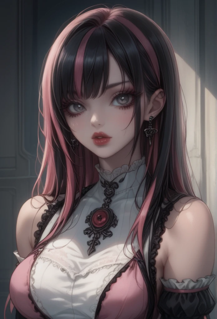, woman with long hair, woman with half black hair and half pink hair, woman with bangs, woman with grey eyes, woman with tattoos, woman with white skin, woman with black lipsticks, woman with a pink dress with sleeves, beautiful face, detailed face, woman standing,woman with vampire fangs,gothic, goth woman,High Definition, perfect face, perfect eyes, detailed eyes, ultra detailed eyes, shiny eyes, multicolored eyes, detailed pupils, perfect nose, perfect lips, perfect hair, detailed hair, highly detailed face, perfect skin,High Definition, perfect face, perfect eyes, detailed eyes, ultra detailed eyes, shiny eyes, multicolored eyes, detailed pupils, perfect nose, perfect lips, perfect hair, detailed hair, highly detailed face, perfect skin,gothgirl