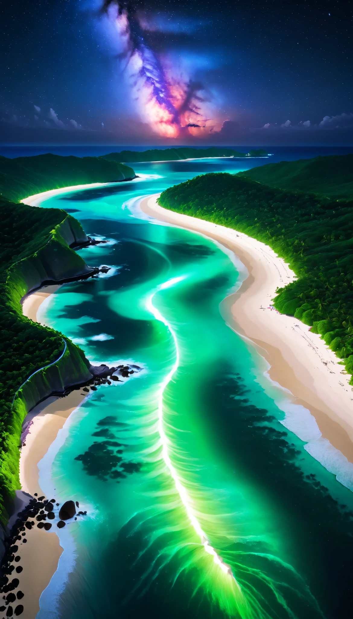超high image quality during sick leave, high image quality during sick leave, high quality ,Spectacular views at night,Tropical Beach, light green to bright green ,The ocean breeze is blowing,blue fluorescent beaches expand spectacular ocean views, blue light on waves , very mysterious and beautiful ,Glowing Waves , night light appears on waves , emits ,Biofluorescence,Various microorganisms are the light source, that shines steadily , shows all kinds of light ,Light green to bright blue-green、 fiery red , Ndulu Island also has 、There are also dark purple and orange single-emission beaches, Maldives,The shining Milky Way Galaxy is clearly visible in the sky,