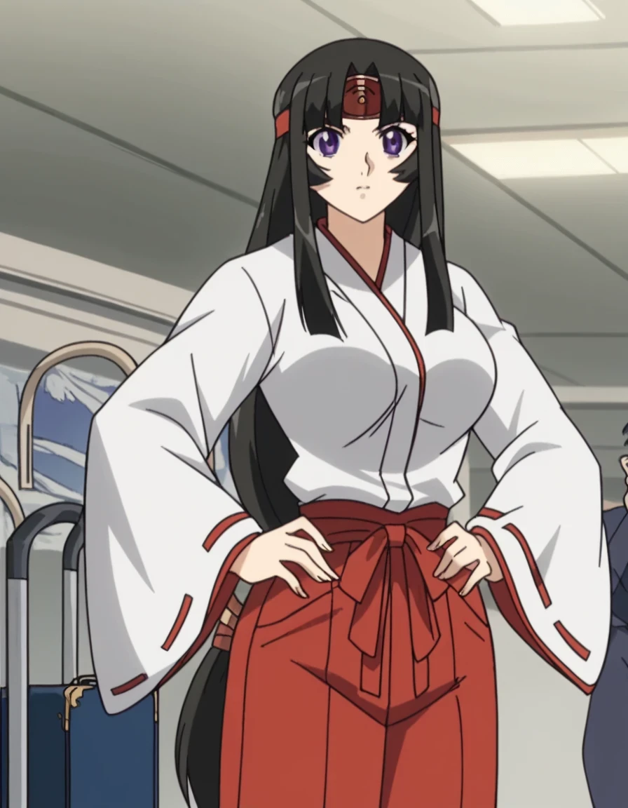 score_9, score_8_arriba, score_7_arriba, source _animated, Tomoe, long hair, big breasts, black hair, purple eyes, low-tied long hair, animated screencap, skirt, Japanese clothing, headband , ribbon-trimmed sleeves , Monkey, red hakama pants, Airport, Waiting area, suitcase, Delayed flight , passengers , reading a book , , presumed, hands on hips,, looking at the spectator, Alone ,, cowboy shot, Alone