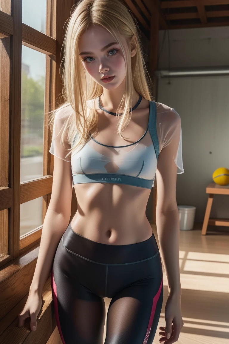 (Cute ten girl), 3/4 photo, bust focus, natural light, skinny, thin, slim, lean, slender, nubile, posing for picture, blonde hair, blueeyes, armpits, thin waist, thin hips, perfect lips, fat lower lip, young, youthful, teen, teenager, busty teen, tight crop top, tiny shorts, perfect eyes