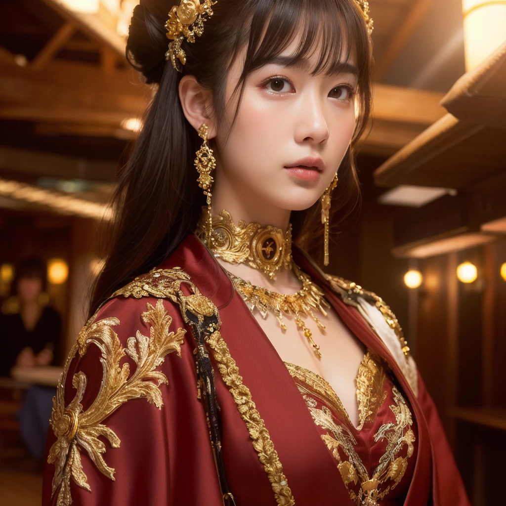 The Chinese Empress, wearing a luxurious dragon robe, sits cross-legged on a throne. The head chair has a dragon head sculpture, top-down view, courtiers flanking her left and right, the background is the Throne Hall. ,Highest quality, high resolution, 8k clarity : realistic 3D illustrations.