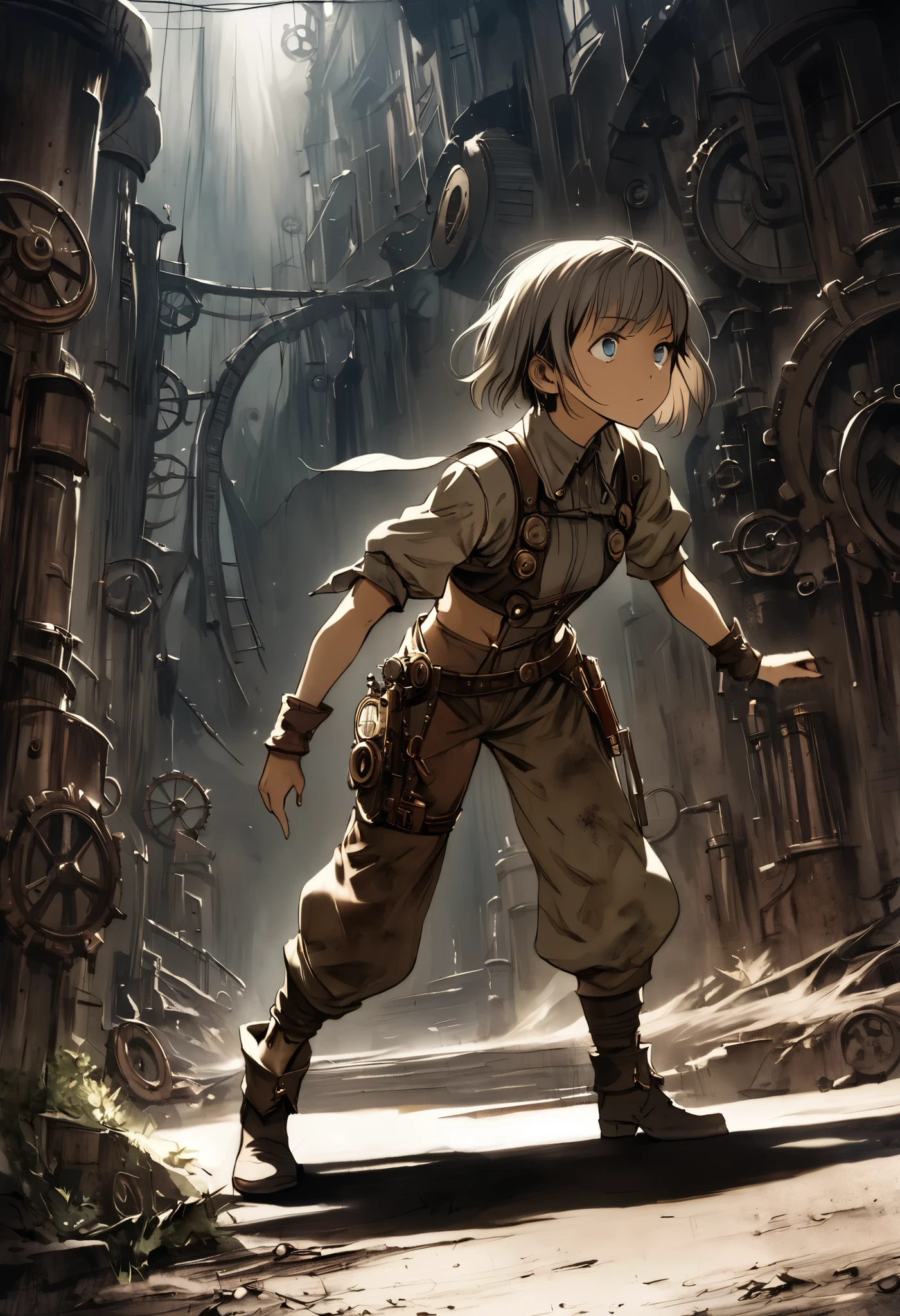 (((high resolution))), dramatic shadows, depth of field, retro comics style, watercolor drawing image, (world in which are collide steampunk and postapocalyptic aesthetic), cute female in tattered dirty clothes, ((looks like Aerith Gainsborough)), (more rusty steampunk details: gears, valves, tubes), full body shot, (perfect body: 1.4), (sidecut short hairstyle), (stalking is quite common, although not the best way to make a living), looks interested, stylized atmosphere of unreality, dynamic pose, in motion, increase cinematic lighting, highly lifelike skin texture, weary eyes, fine eyes, whitened but dirty skin, random hair colour, doomsday aura, dark atmosphere