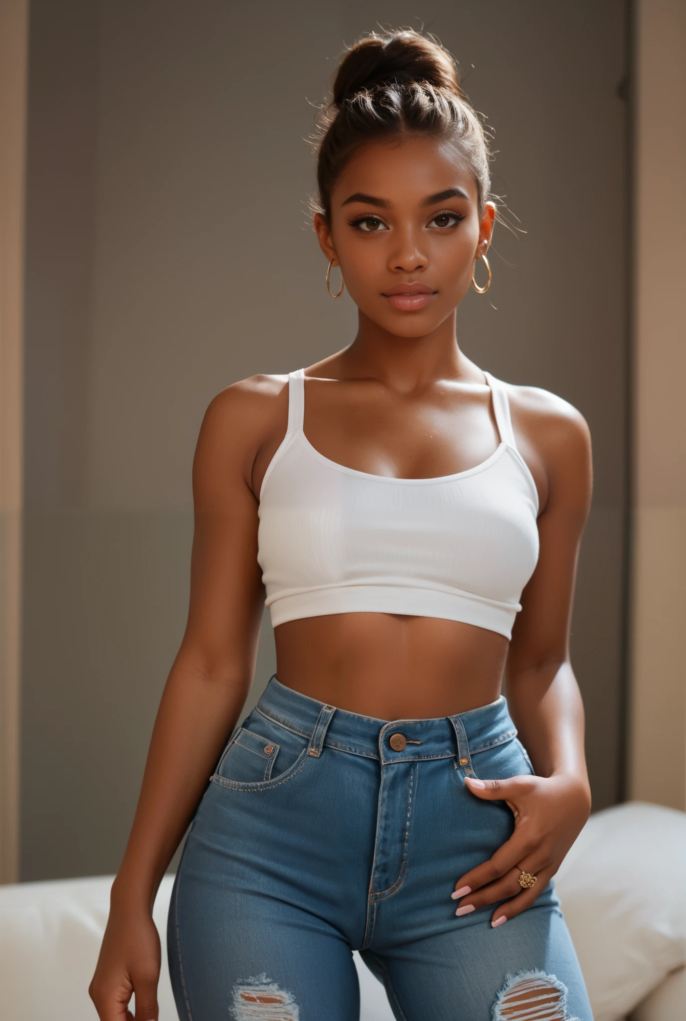 young lady looks like Tessa Thompson, teenager, with curly haired, curls and curves hair, gorgeous lady, tinyest midriff ever, skinned African young girl, light skin,
