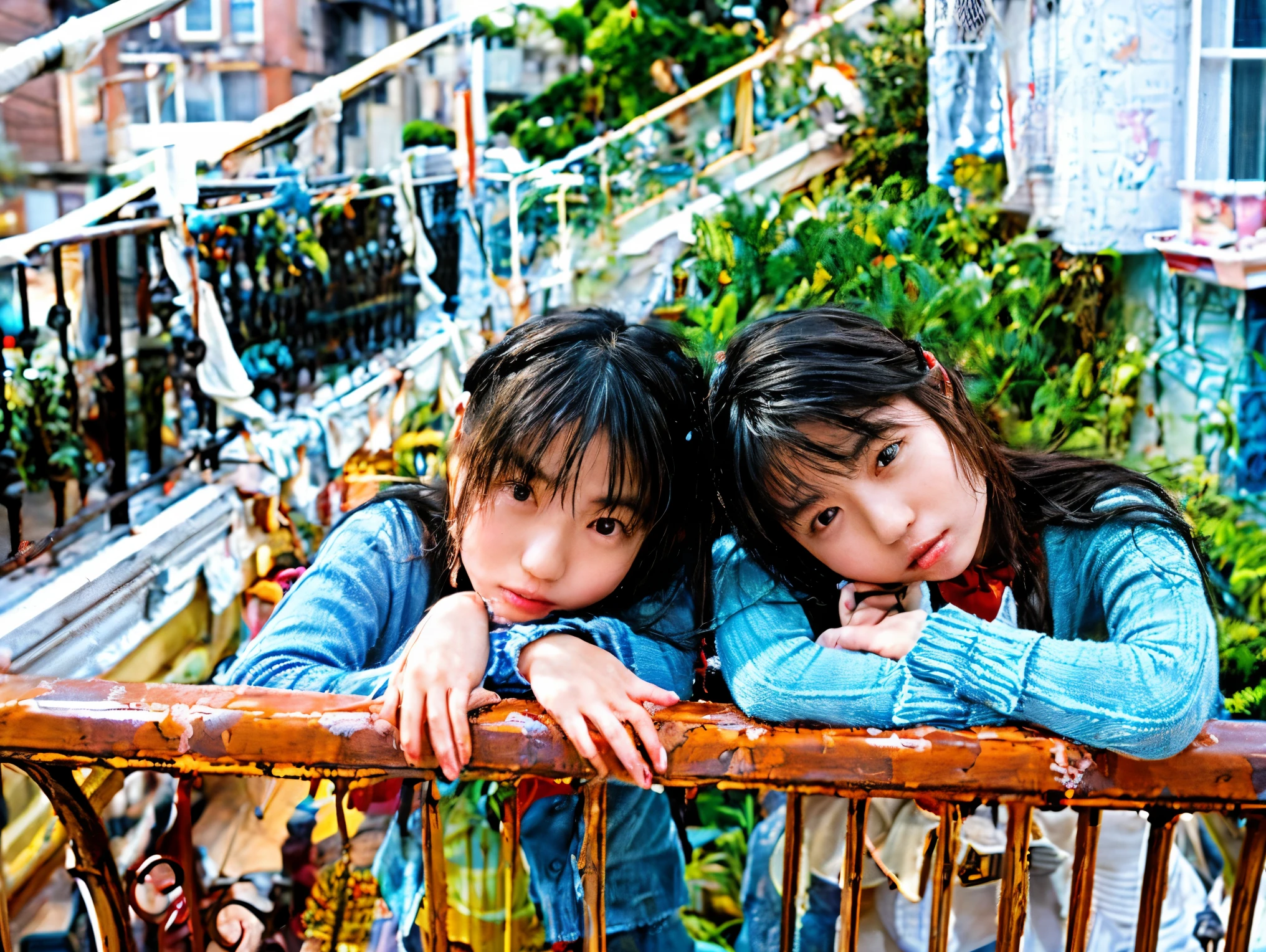 with a curious expression are leaning against the balcony railing、The、twin sisters looking down at the street。