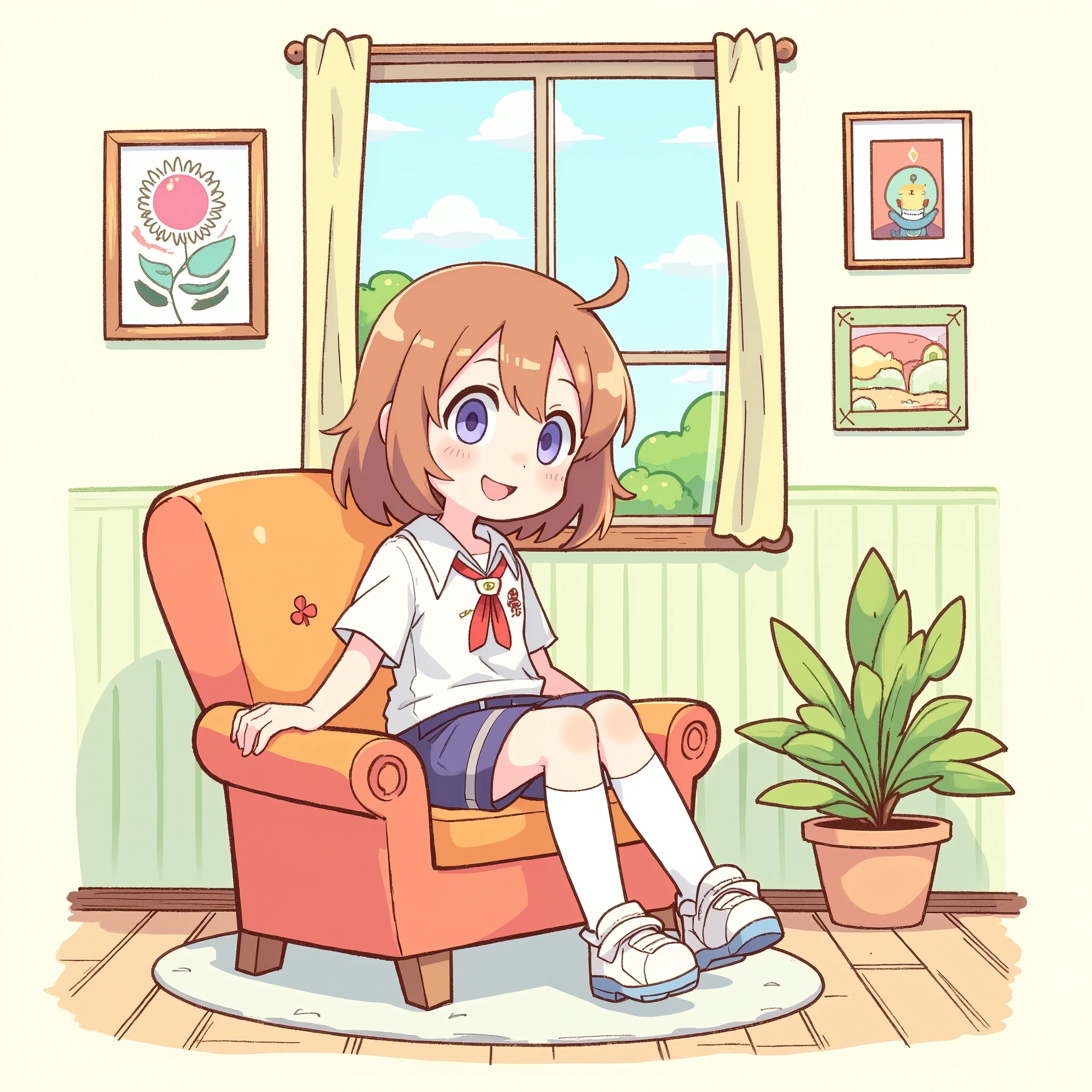 girl sitting on chair、Emotional、simple illustration、Simple background “There is a window and you can see the scenery in the back”、 simple background、Each part isn't too complicated 、 Each part is large and easy to understand pattern、Clear Colours 、A clear pattern、Thick Line、 hand-drawn illustration、Simple lines、A clear line、2D illustration、The background also has Clear Colours The 。The design is drawn with a clear line、Touch like a coloring book with all colors already painted。 image painted with no gaps in the McKee 。