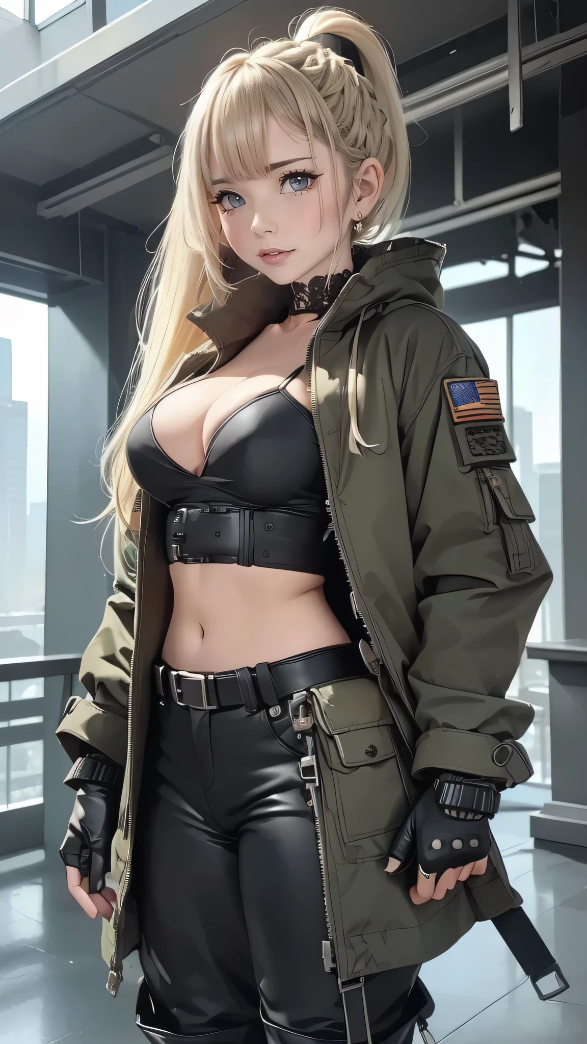 realistic, High resolution, soft light,1 female, alone, hip up, glowing skin, (detailed face),tattoo, jewelry, Bizarre uniform, black stockings, garter belt, night, blonde hair, wavy hair, Beautiful Soldier, Eyes that invite the viewer, lover's perspective, an inviting look, sexy smile, perfect style, perfect balance, fine skin, naughty look, I can see your chest、cyber punk