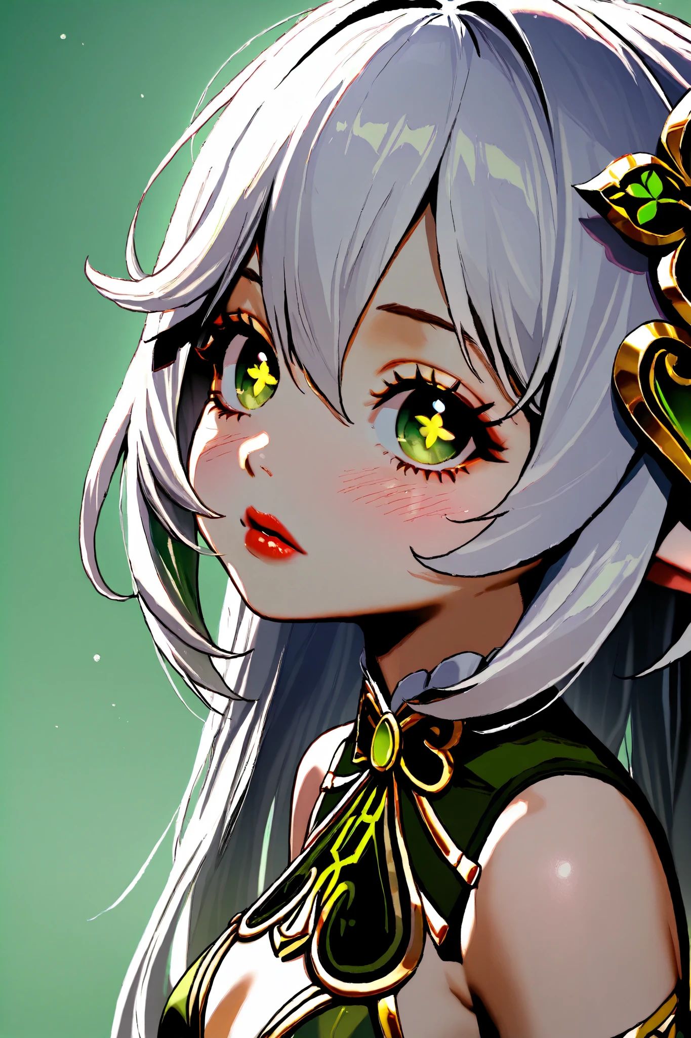 (masterpiece:1.4)、(highest quality:1.4), korean girl, nahida from genshin impact, white hair, green eyes, Green revealing clothes, heavy blushing, large full breasts, long hair, looking at viewer, simple background, solo ,realistic, (smooth skin), red lipstick, no background, green background,