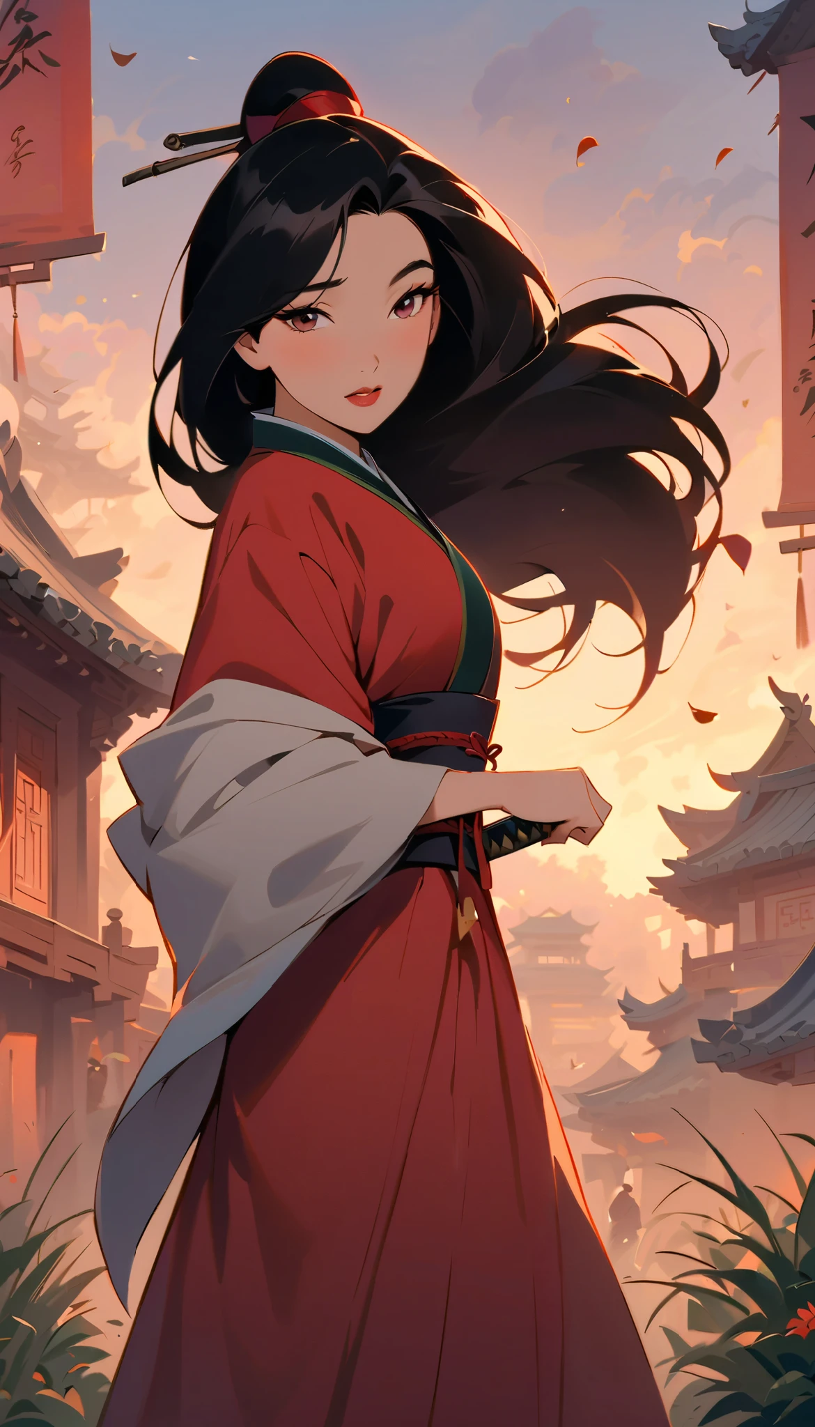 Hua Mulan,Show female bravery,shy,like a porcelain doll, fine features, delicate,Black and red color scheme,poster,iconic disney characters。shonen style, anime style, straight hair, big hair, ((long hair)) ,chinese young woman warrior, black hair, traditional japanese dress, wind blow, leaves flying, backlit, tall gray reed grass foreground blurry, bottom perspective, panoramic view, fantastic lighting, detailed,, blossom, ((shy)), holding a katana