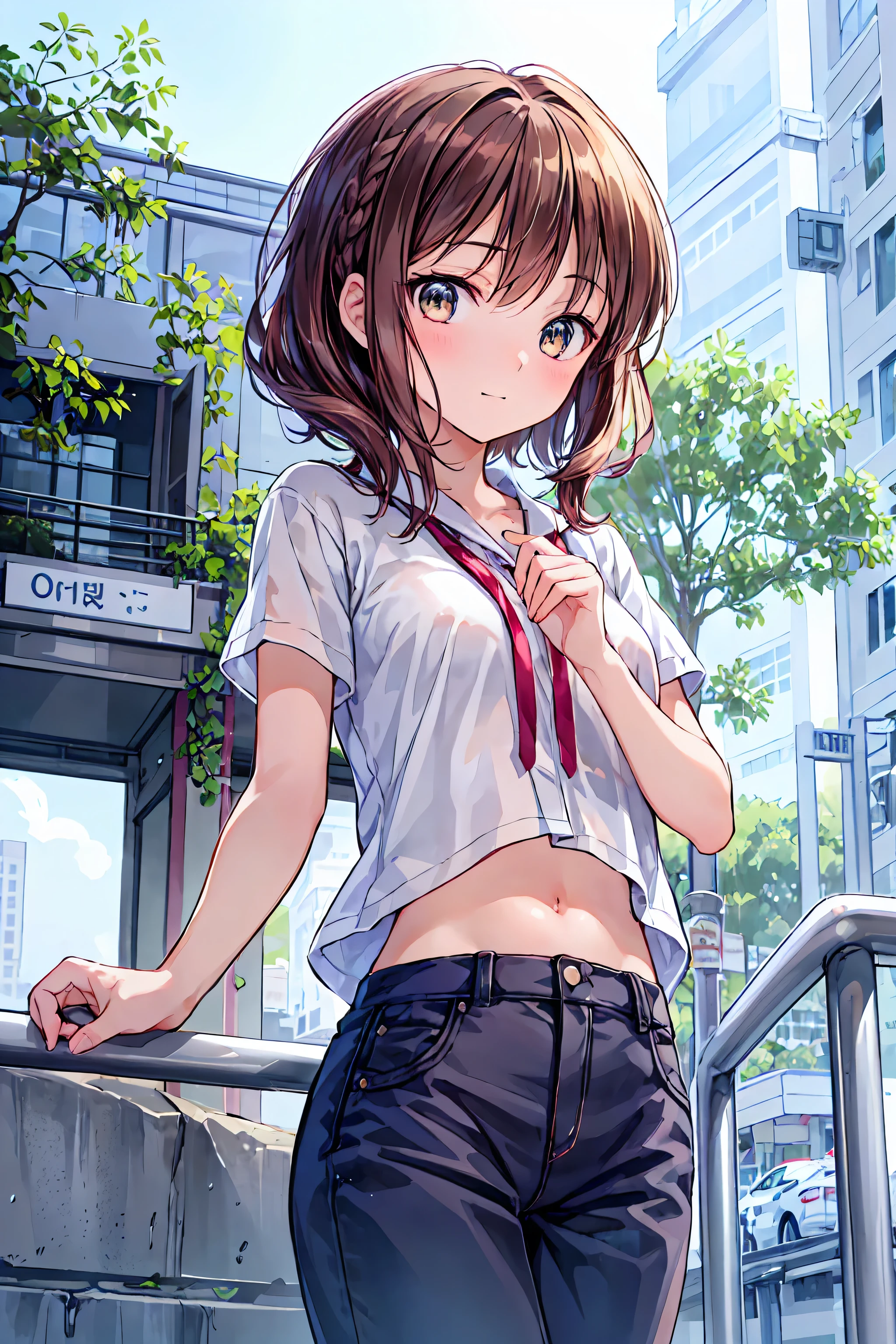((masterpiece)), (anime:1.5), ((best quality)), (RAW photo:1.2), (High Resolution:1.3), (Professional photography:1.2), ( Color Difference), one girl, (()), (serious), ( beautiful brown eyes:1.3), viewers, Plain Shirt, O-ring, disheveled hair, medium hair, ( put your hands in your pants ), ((Take off your work pants)), Light Brown Hair, (small breasts), Cute waist, Outdoors, ((Top of the big bell tower)),brown hair,shortcuts,dark-skinned , short braided hair, Neat , slender beauty ,Dignified posture,small breasts,beautiful legs, Her enchanting gray-blue eyes sparkle like stars.,Brilliant Color,beautiful eyes,A delicate smile,textured skin,the best quality, gentle and beautiful woman , anime、