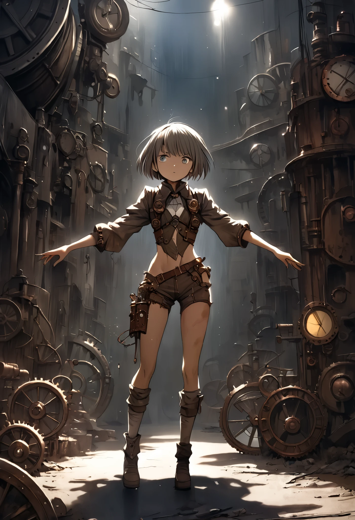 (((high resolution))), dramatic shadows, depth of field, retro cartoon style, watercolor drawing image, (world in which are collide steampunk and postapocalyptic aesthetic), cute female in tattered dirty clothes, (more rusty steampunk details: gears, valves, tubes), full body shot, (perfect body: 1.4), (sidecut short hairstyle), (stalking is quite common, although not the best way to make a living), looks interested, stylized atmosphere of unreality, dynamic pose, in motion, increase cinematic lighting, highly lifelike skin texture, weary eyes, fine eyes, whitened but dirty skin, random hair colour, doomsday aura, dark atmosphere