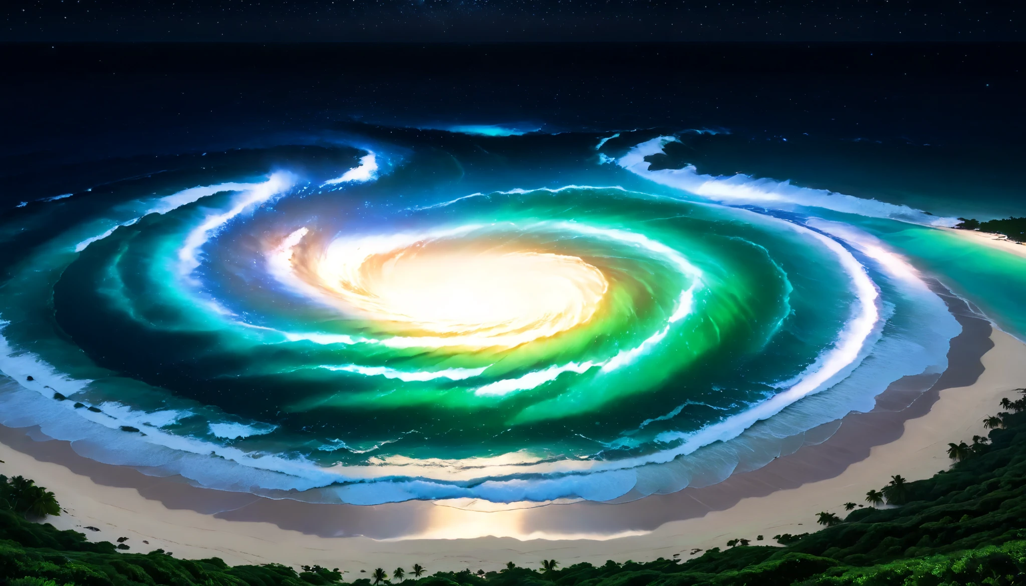 超high image quality during sick leave, high image quality during sick leave, high quality ,Spectacular views at night,The shining Milky Way Galaxy is clearly visible in the sky,Tropical Beach, light green to bright green ,The ocean breeze is blowing,blue fluorescent beaches expand spectacular ocean views, blue light on waves , very mysterious and beautiful ,Glowing Waves , night light appears on waves , emits ,Biofluorescence,Various microorganisms are the light source, that shines steadily , shows all kinds of light ,Glows from blue to bright blue-green、 fiery red , Ndulu Island also has 、There are also dark purple and orange single-emission beaches, Maldives,