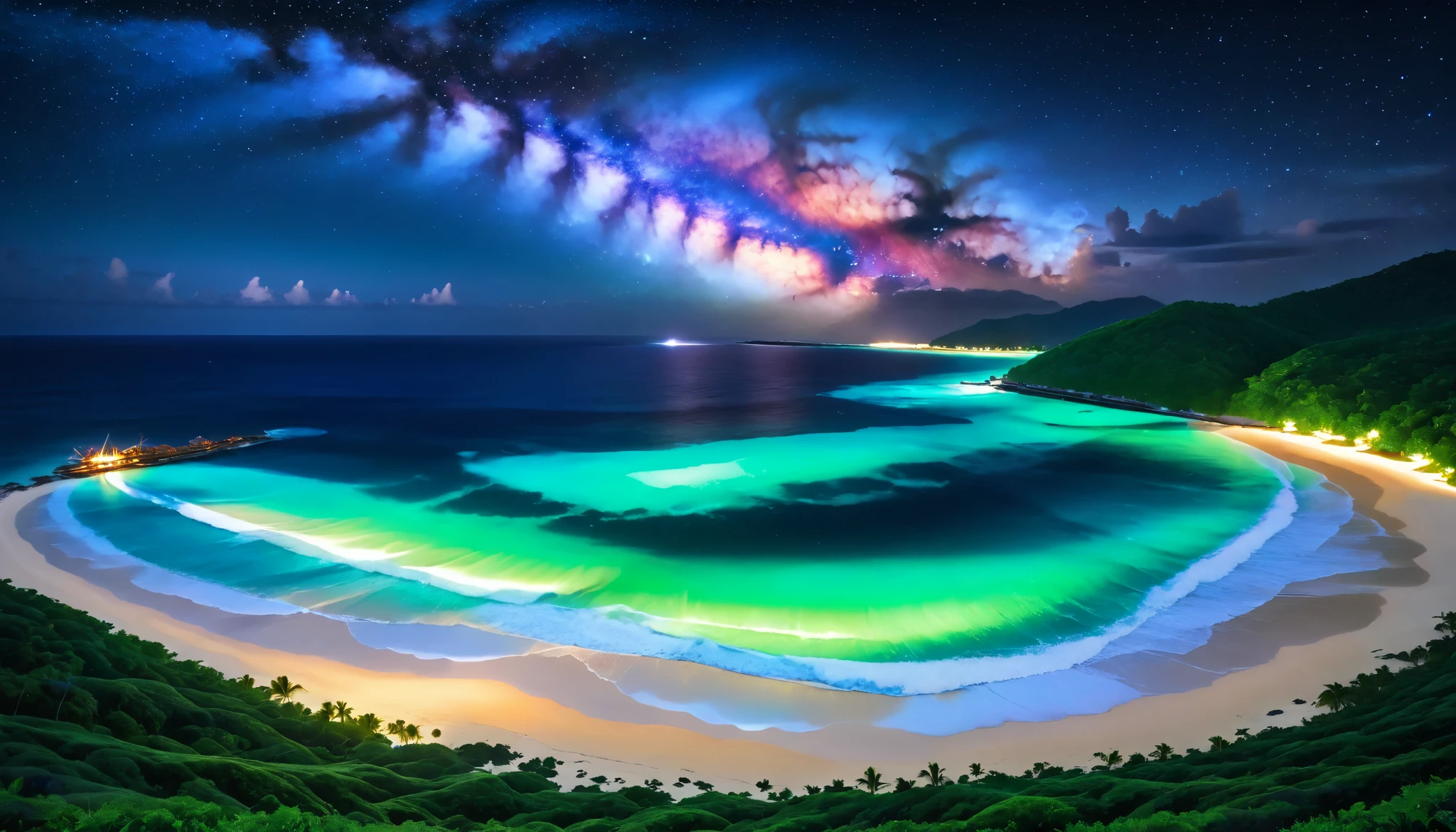 超high image quality during sick leave,high image quality during sick leave,high quality,Spectacular views at night,Tropical Beach, light green to bright green ,The ocean breeze is blowing,blue fluorescent beaches expand spectacular ocean views, blue light on waves , very mysterious and beautiful ,Glowing Waves , night light appears on waves , emits ,Biofluorescence,Various microorganisms are the light source, that shines steadily , shows all kinds of light ,Glows from blue to bright blue-green、 fiery red , Ndulu Island also has 、There are also dark purple and orange single-light beaches, Maldives,The shining Milky Way Galaxy is clearly visible in the sky,
