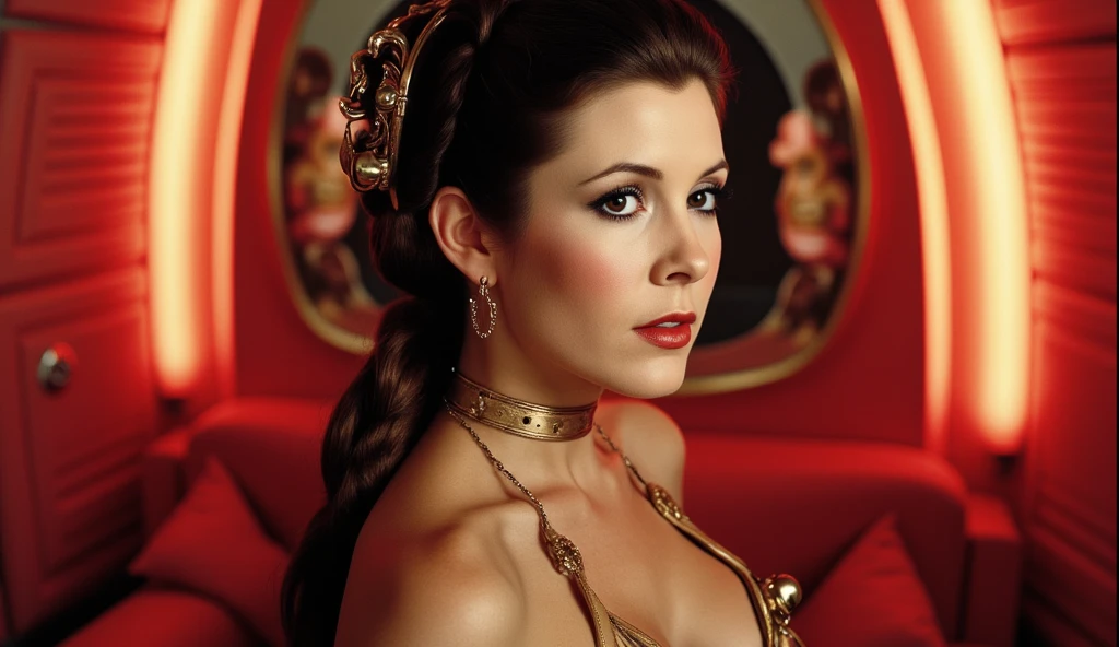 (vue surplombante) d'un beautiful complete sexy woman 45 ans with (sexy dress and complex earphone, lascivious pose, naughty face, long hair 1950's style retro futurism decor use color #F92A82, couleurs vives ((ambiance kitch))
