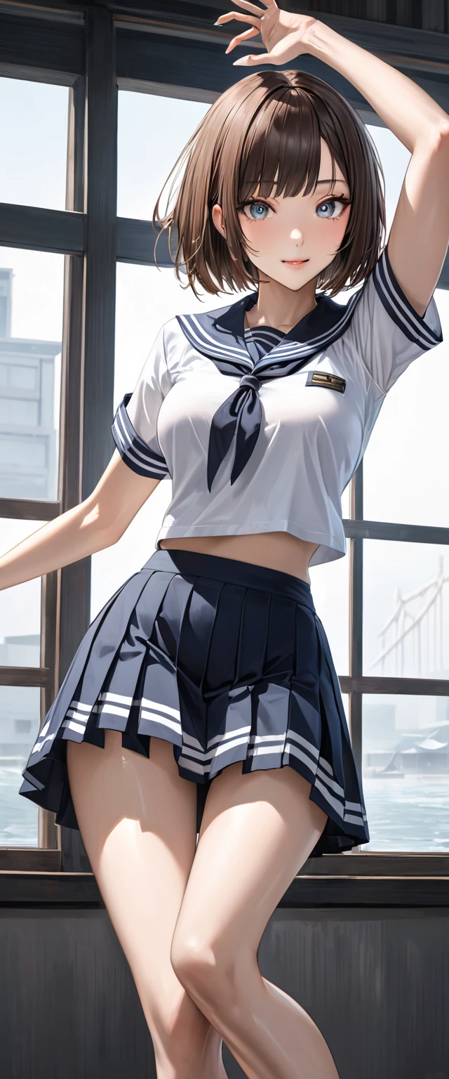 (masterpiece,Highest quality,High resolution,Realistic:1.2),(1girl:1.5),(Japanese high school girls, (Short-sleeved white sailor suit:1.2), (Very short pleated skirt in dark blue color),White panties slightly exposed:1.2),(Smiling with teeth showing:1.3),(Bobcut, Brown Hair:1.3),(Abdominal muscles:1.2),(Photograph from head to waist:1.5),(The clothing size fits perfectly:1.2),(School corridor:1.3), (Camel Toe:1.3), (Thick thighs:1.5), (A is a view from below:1.4)