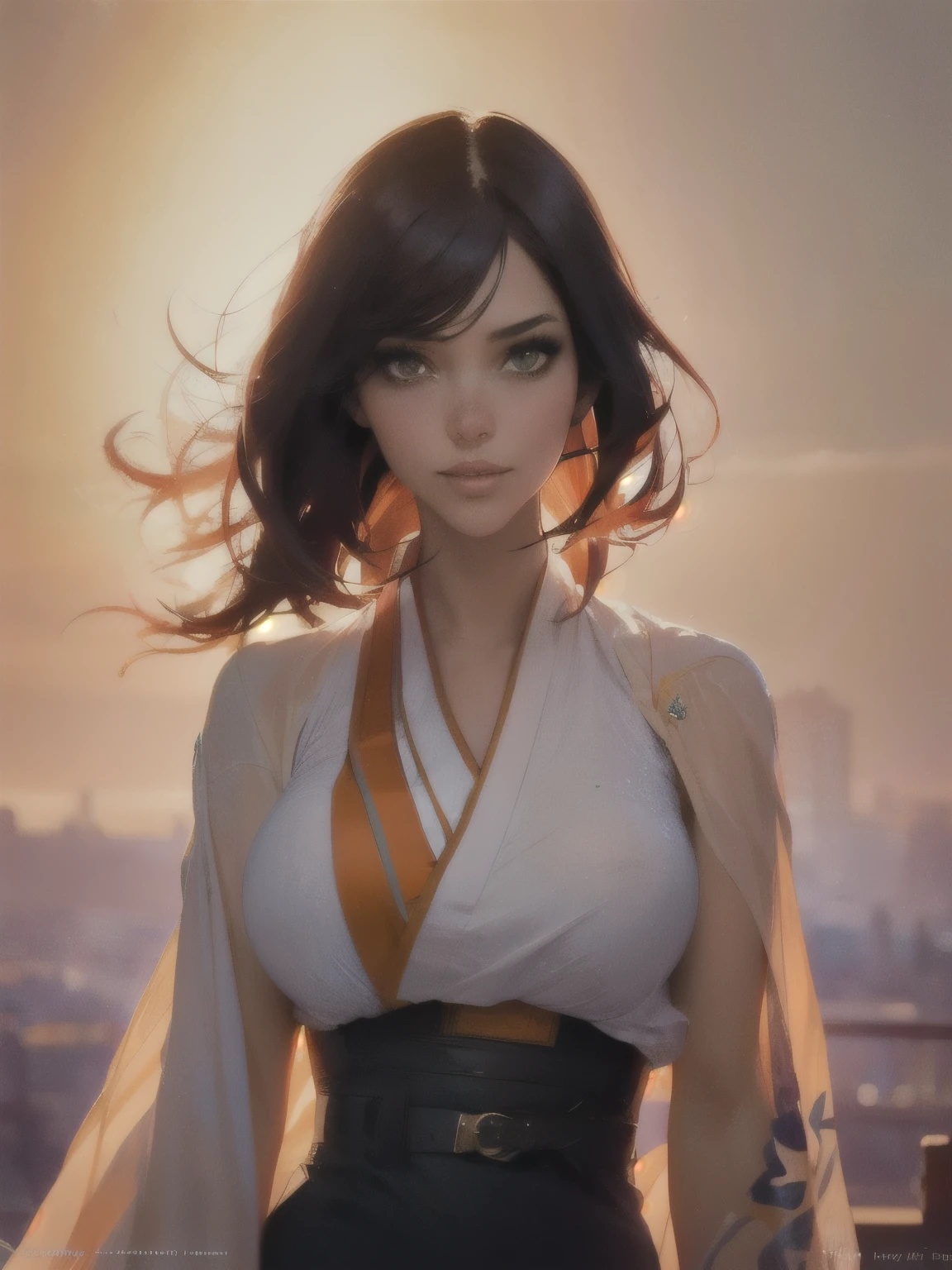kurisu makise steins gate anime, atmospheric, elegant portrait, super highly detailed, professional digital painting, artstation, concept art, 8k, art by wlop, artgerm and alphonse mucha and eiichiro oda shinkai makoto vibrant Studio ghibli kyoto animation hideaki anno Sakimichan Stanley Artgerm Lau Rossdraws James Jean Marc Simonetti, 1 standing girl , short black_hair, no background, green_eyes, blushing, lips, front view, cowboy shot, blonde