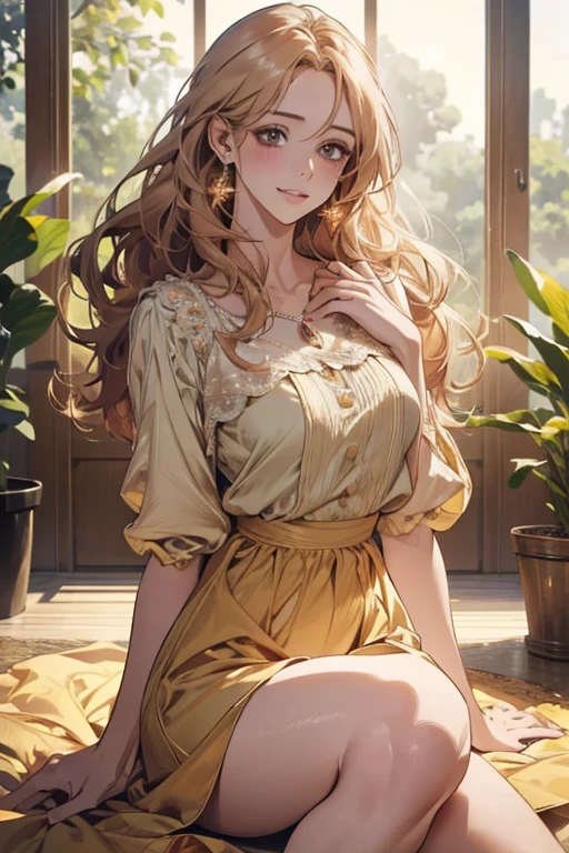 Luma is an elegant person, She is beautiful、Has a strong posture, She has breasts with voluminous proportions, Feminine silhouette of pear, reddish brown hair, long reddish-brown hair, She has expressive eyes, ( Eyes only olive green) Her skin is fair and、There are light freckles on the cheekbones, busty, farms, Brown rustic clothes, Boho clothes, Farm boho fashion clothes, romantic atmoshere, Fire Lamp, Fire glow, Flowers half straighten hair、Wear a cartoon with curled ends half