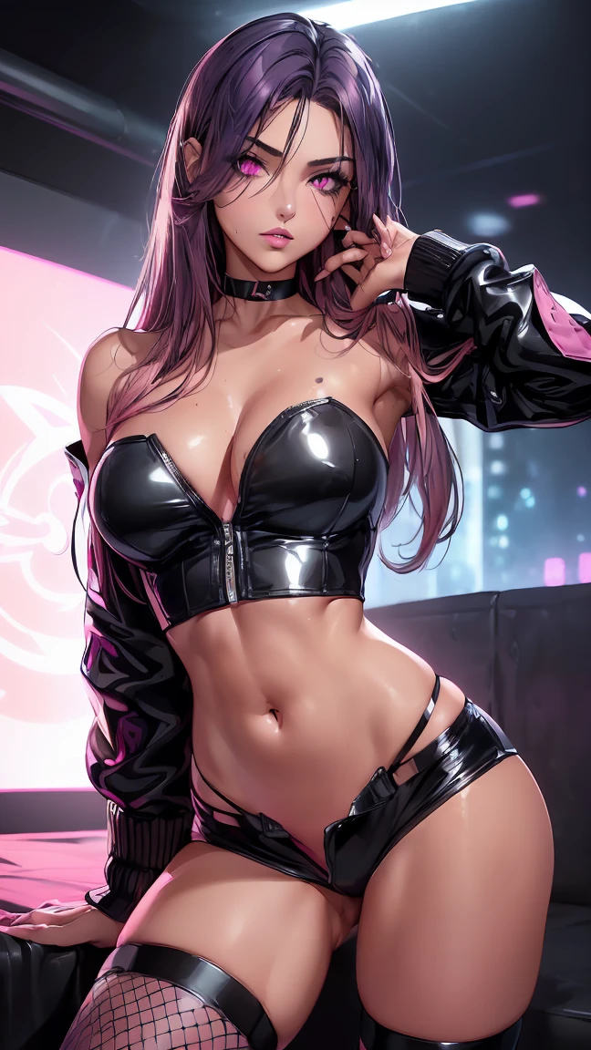 woman with a piercing gaze and bold makeup. She's wearing a leather jacket with a crop top, and her long hair is styled in a sleek updo.