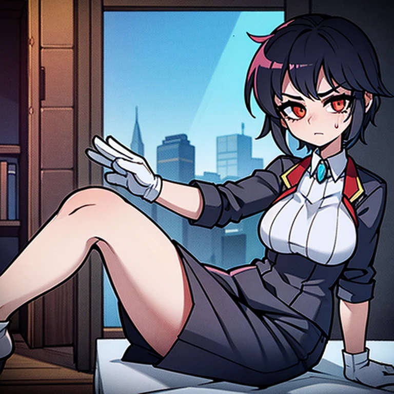 (best quality, masterpiece), 1girl, (yor briar: 1.2), black hair, headband, red eyes, long legs, perfect  and thighs, pose, (in an office), windows at night with a cityscape, looking at viewer, beautiful woman, , smiling, flirty, trying to be seductive but embarrassed, blushing, , secretary, skirt suit, navy skirt, pantyhose, lace panties, slender, long legs, (small : 1.2), white collared shirt, (shirt pulled open), (), pink , ((pale skin)), on a desk