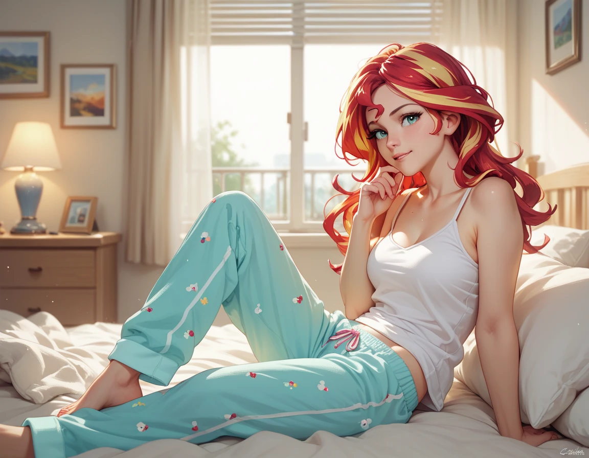 The Sleeping Woman, Realistic, She is dressed in pajamas, red hair color, parallax, Ultra Hyper Mega Contrast, sleeps on rose petals, The masterpiece that won the photo contest