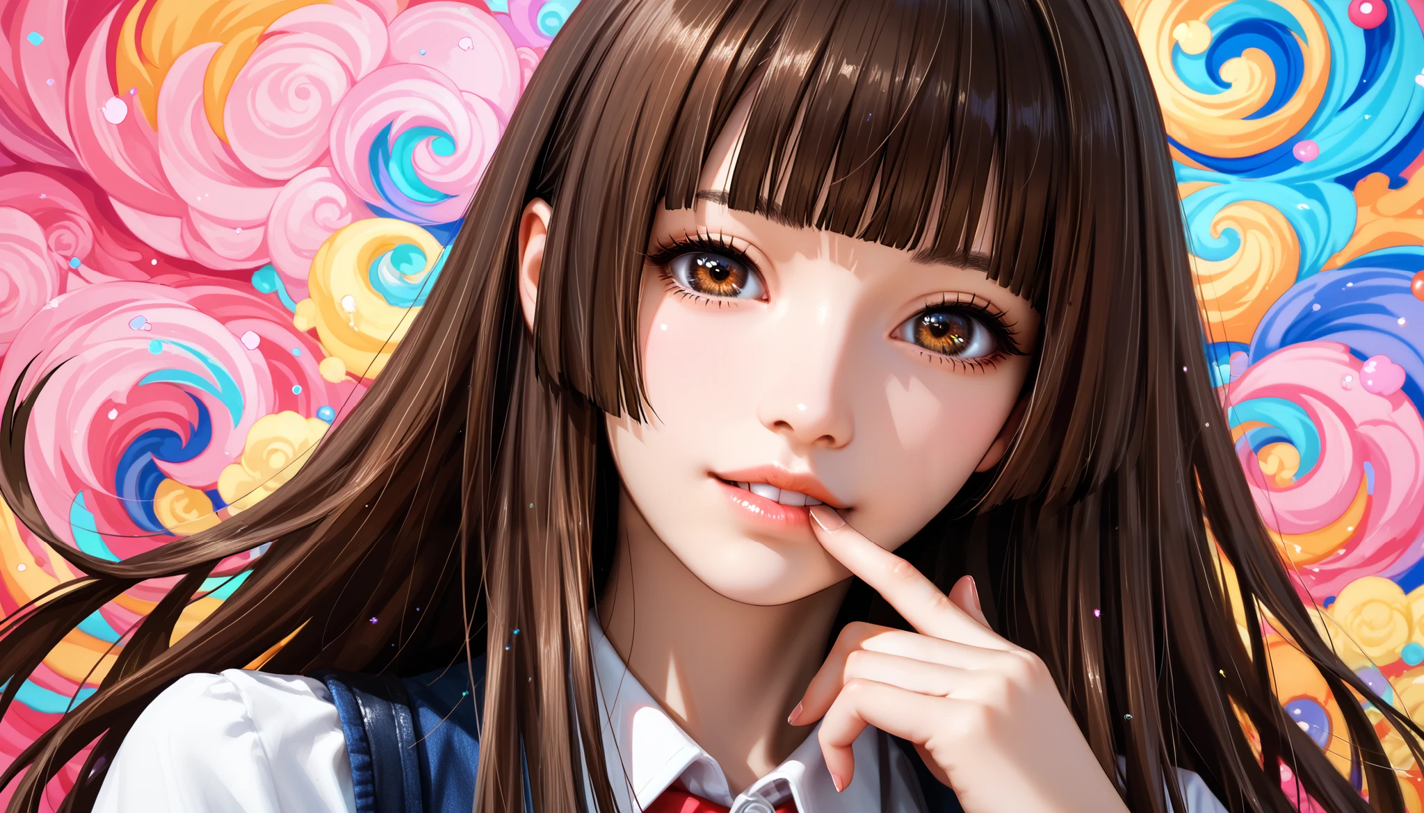 score_9, score_8_up, score_7_up, source_anime, 1girl, solo, face focus, detailed eyes, brown eyes, brown hair, long hair, hime cut, hmcut, cute, vibrant colors, finger on lip, detailed background